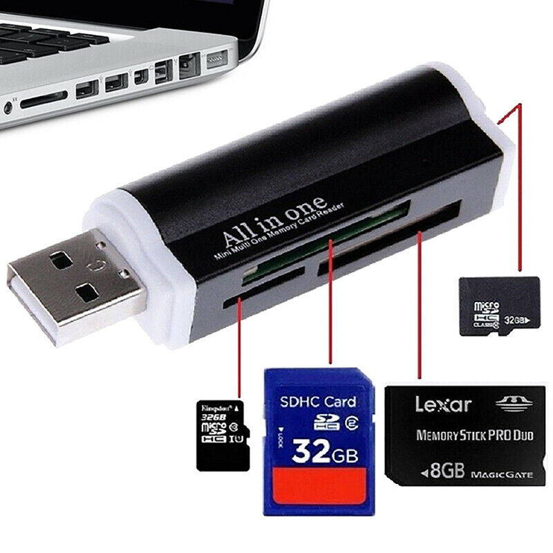 All in One 4-in-1 USB 2.0 Memory Card Reader, Memory Card Reader Adapter for SD / MicroSD/ MMC / SDHC / T-Flash / RS-MMC / Mini SD / Mini SDHC / MS / MS Pro / MS Duo / MS Pro Duo / M2