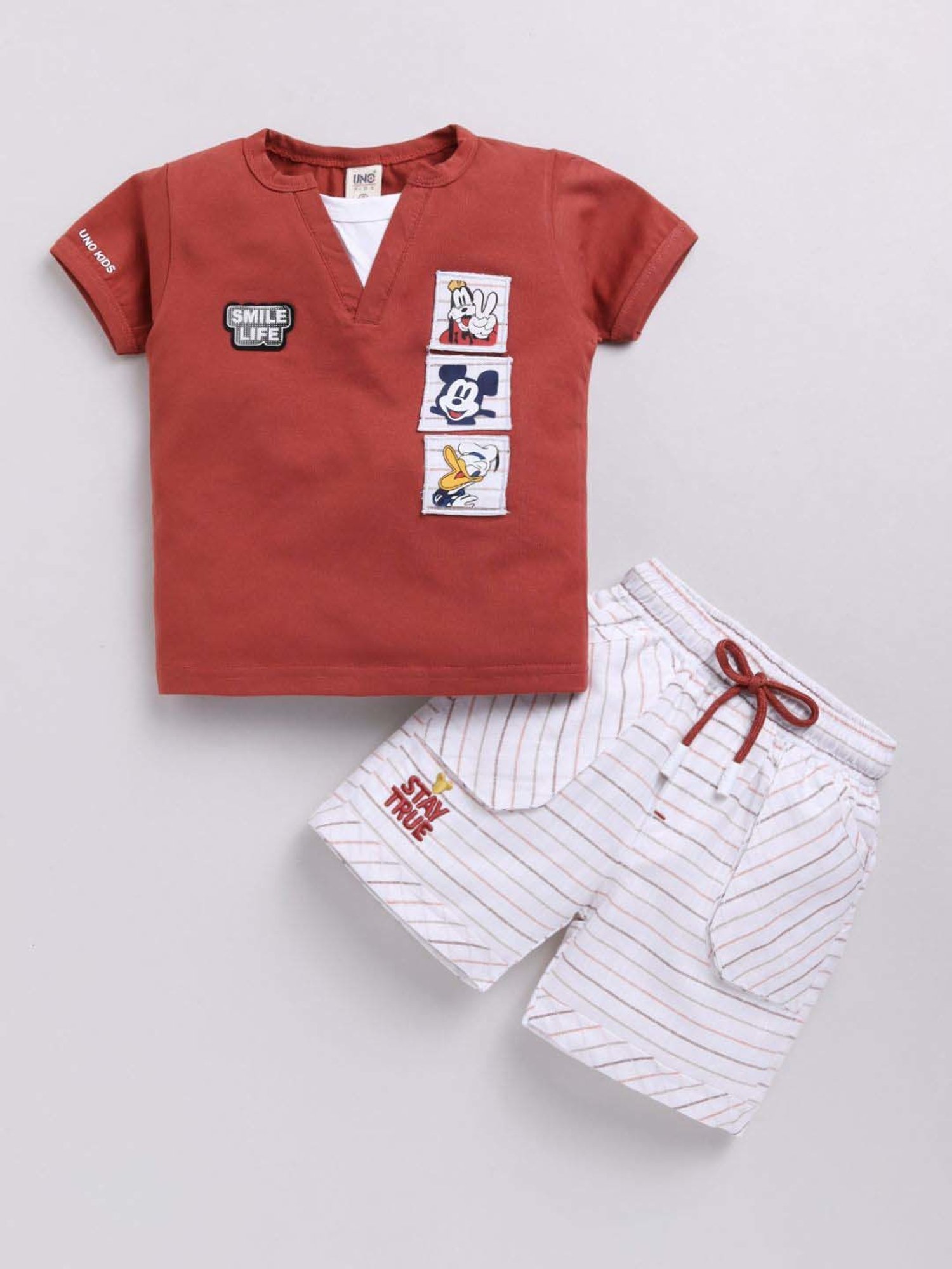 UNO KIDS Boys Brown & White Striped Top & Short sets