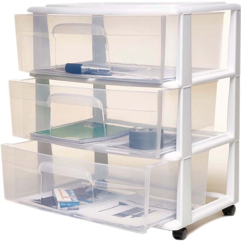 Homz Plastic 3 Clear Drawer Compact Home Rolling Storage Container Tower for Small to Medium Sized Items, White Frame
