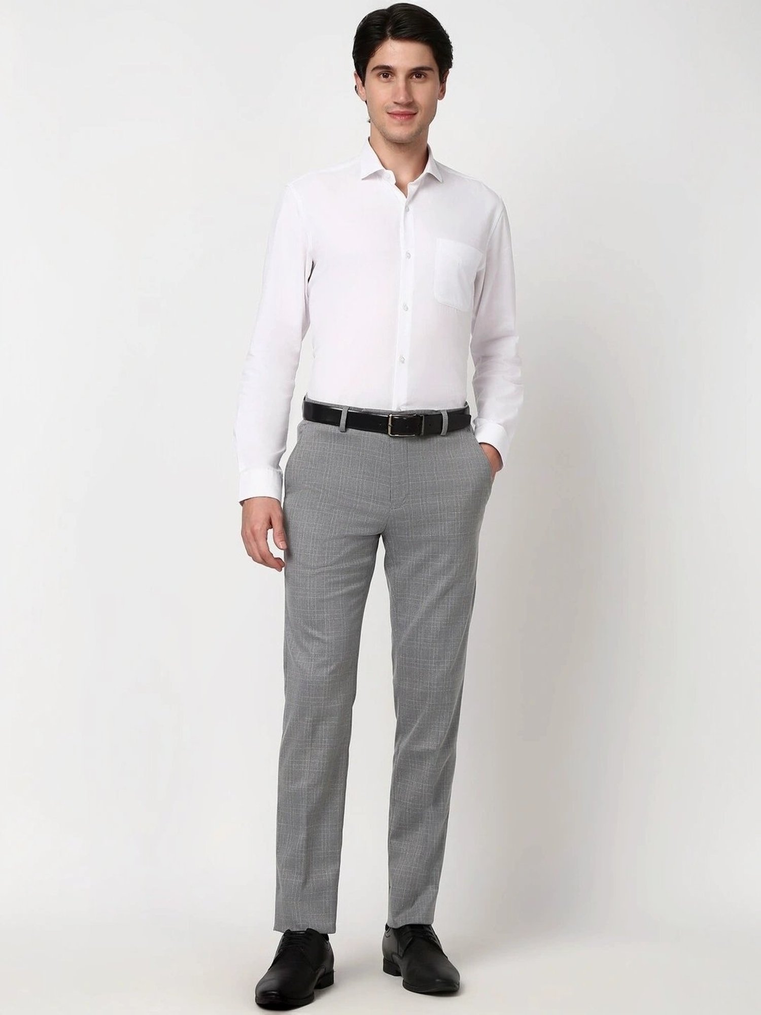 Peter England Grey Slim Fit Checks Trousers