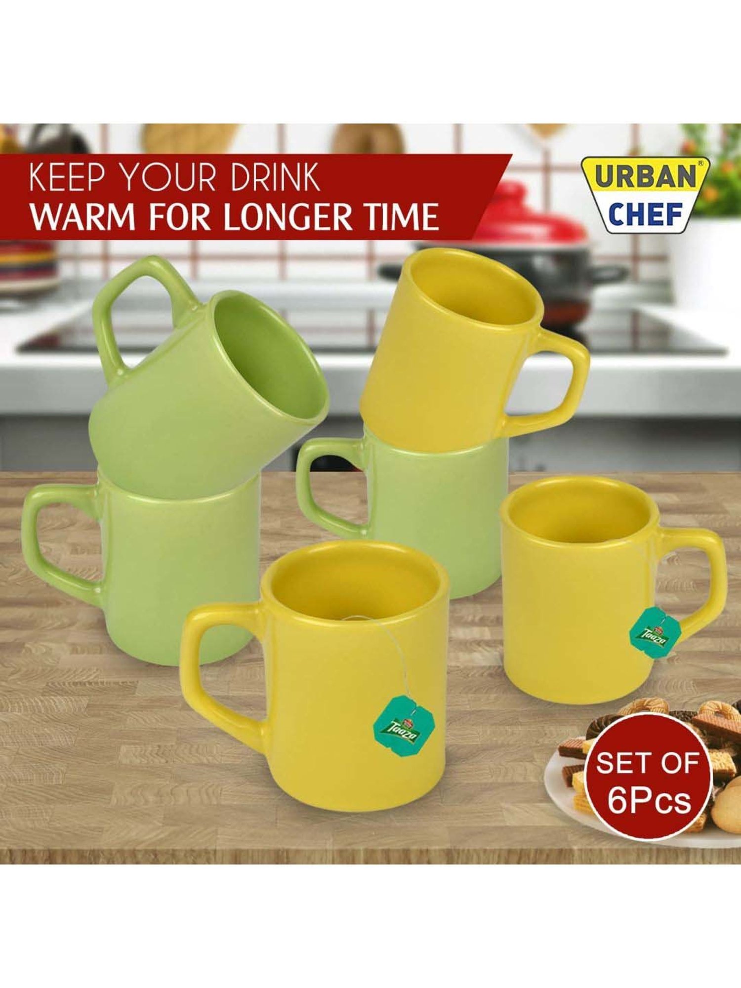 Urban Chef Parrot Green & Yellow Ceramic Droite Handcrafted Microwave Safe Cup - Set of 6