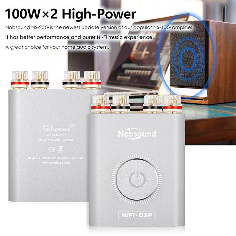 NS-20G 200W Mini Bluetooth 5.0 Power Amplifier 2.0 Channel Wireless Receiver Hi-Fi DSP Stereo Headphone Audio Amp LED Display (Silver)