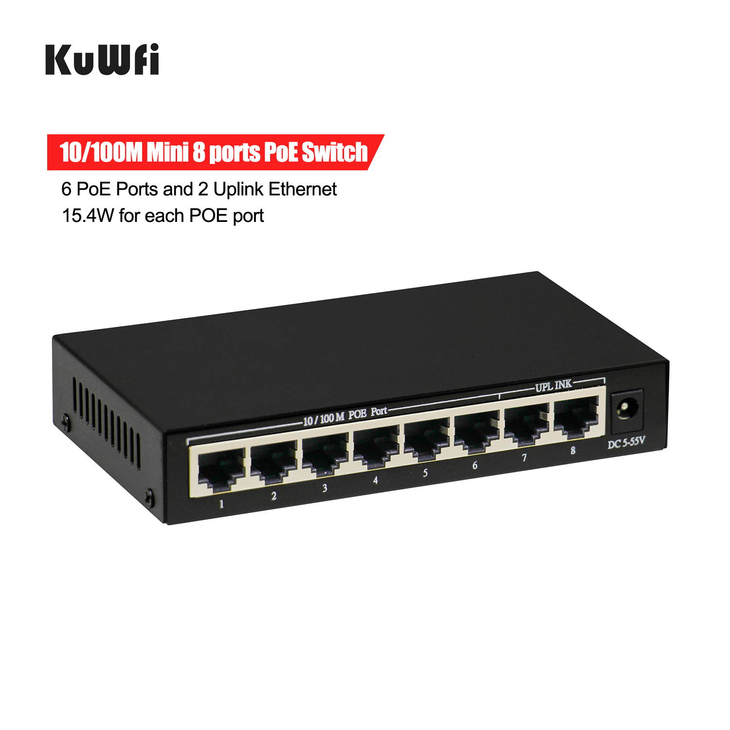 6+2 Ports 6 PoE Injector Power Over Ethernet Switch with Power Adapter