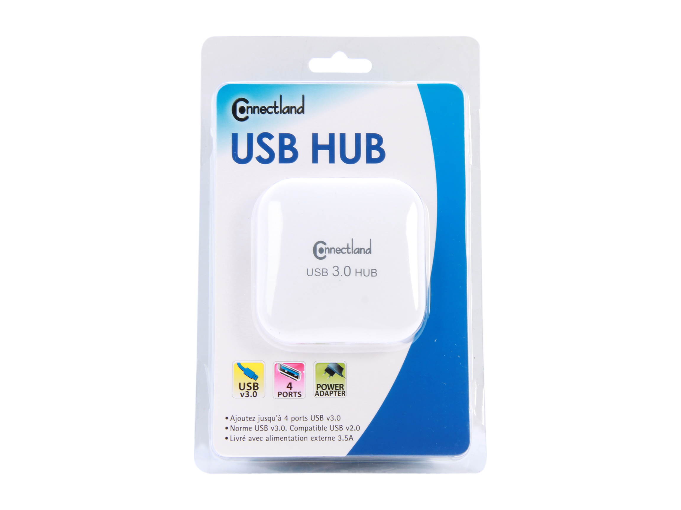 Connectland CL-HUB20127 USB 3.0 4-port Pocket Size Hub, 5Gbps Data Rate, Free AC Adapter and Cable - White