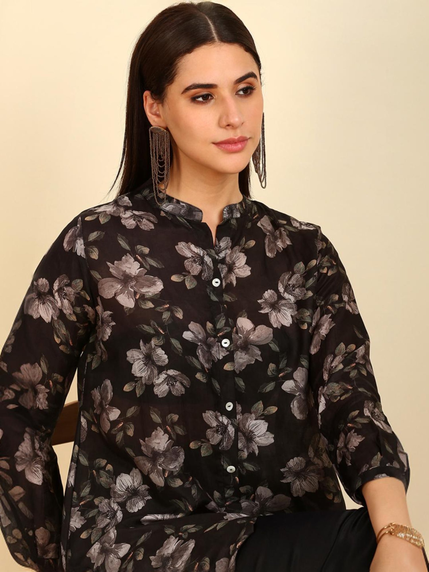 Soch Womens Black Floral Print Mandarin Collar Vicose Muslin Tunic