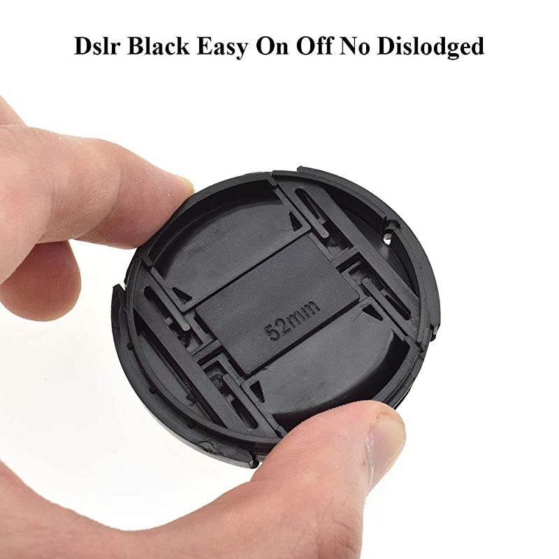 Lens Cap 52mm Snap On Center Pinch Front Camera Lens Cover Solid Plastic for Nikon Canon Sony DSLR Black Easy On Off No Dislodged with Keeper String Center Pinch for Hood 2 Pack