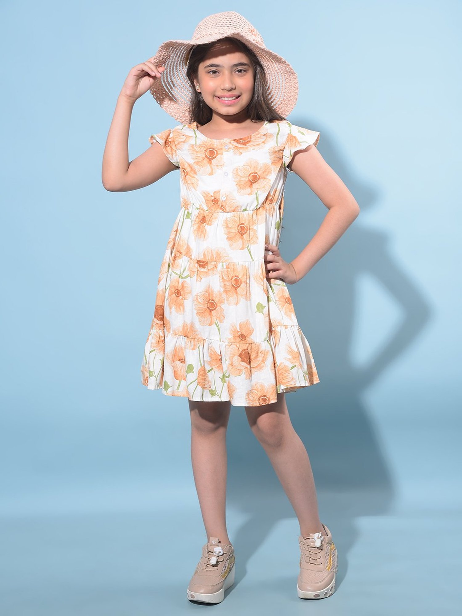 Crimsoune Club Kids Peach & White Floral Print A-Line Dress