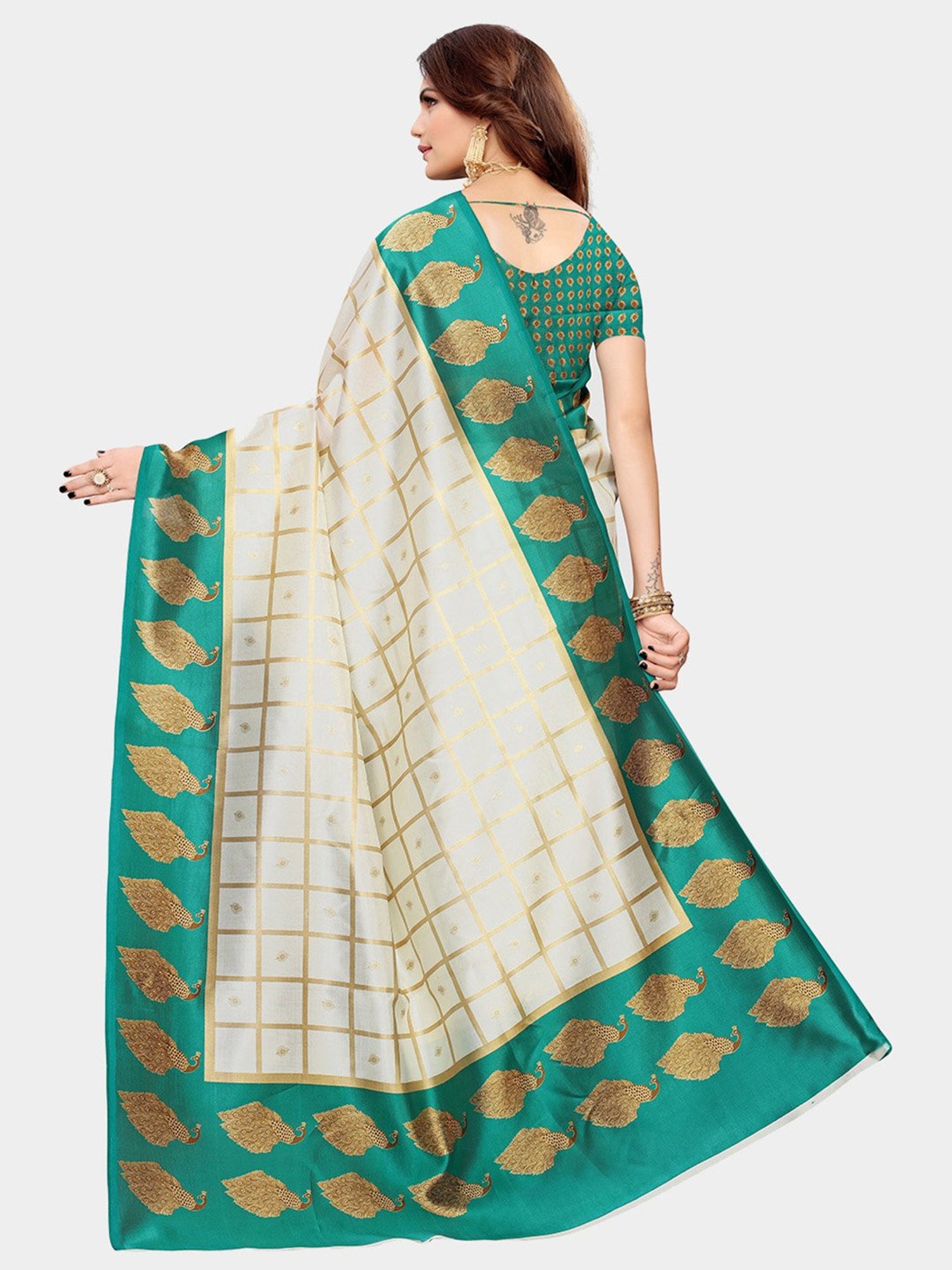 KSUT Blue & Beige Check Saree With Blouse
