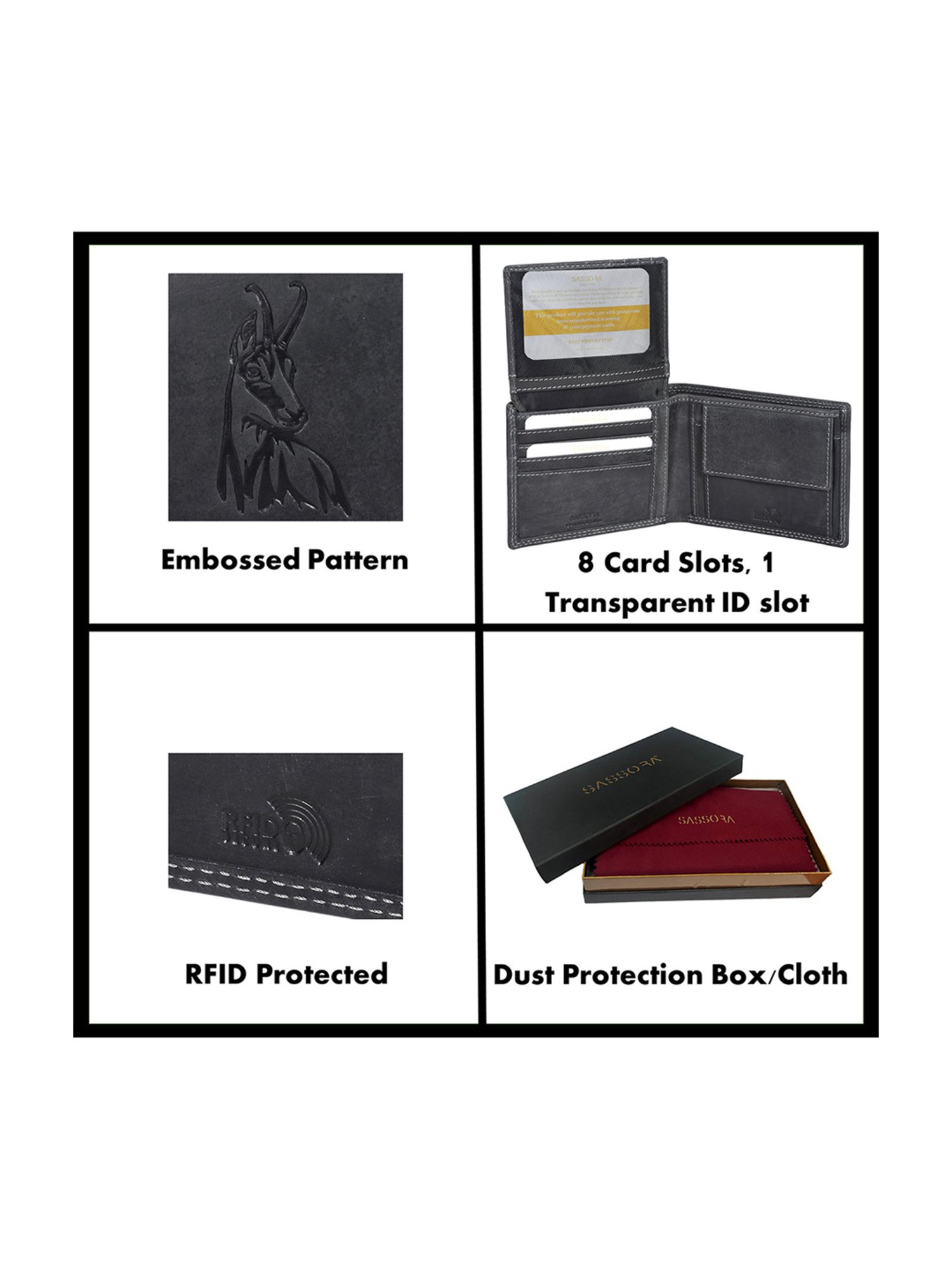 SASSORA Black ARLO Textured Small Leather Bi-Fold Wallet