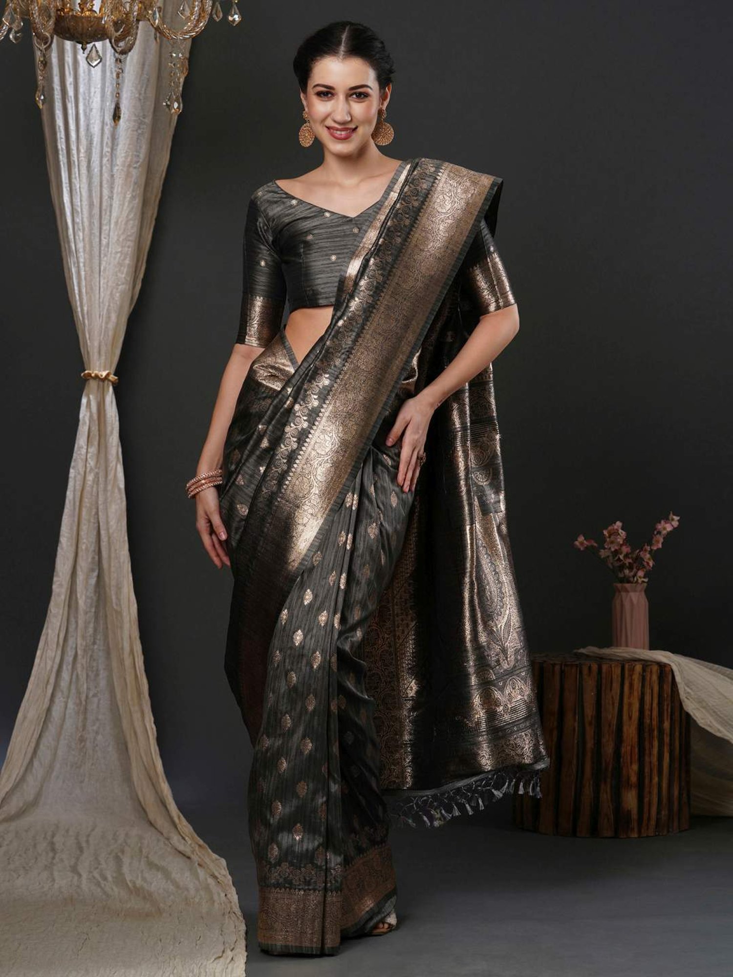Saree Mall Grey Woven Saree With Unstitched Blouse