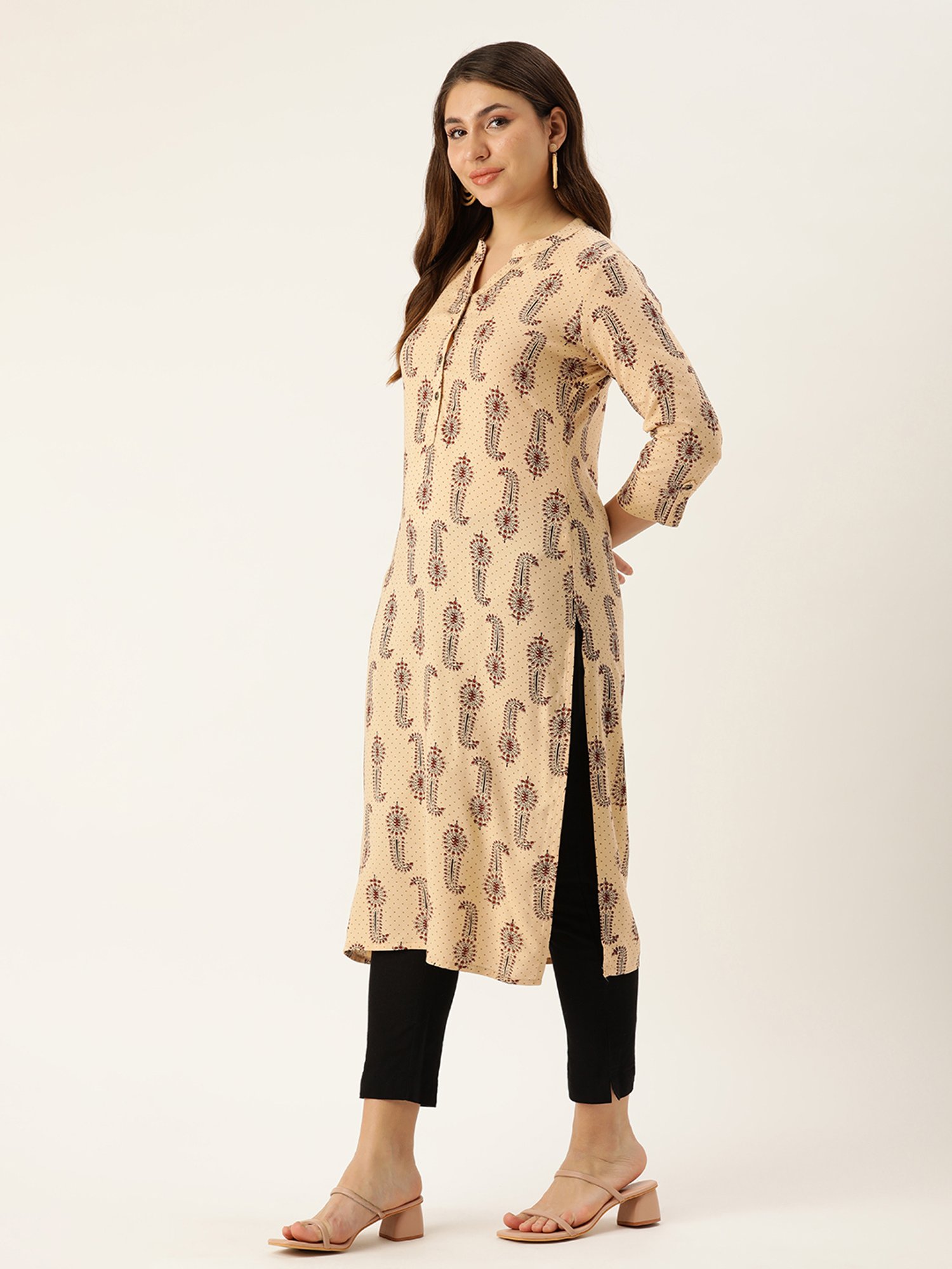 Amukti Beige Printed A Line Kurta