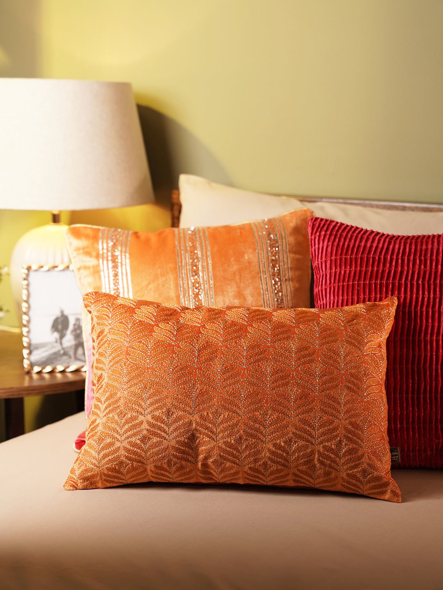 Pure Home and Living Orange Velvet Embroidery Cushion Cover