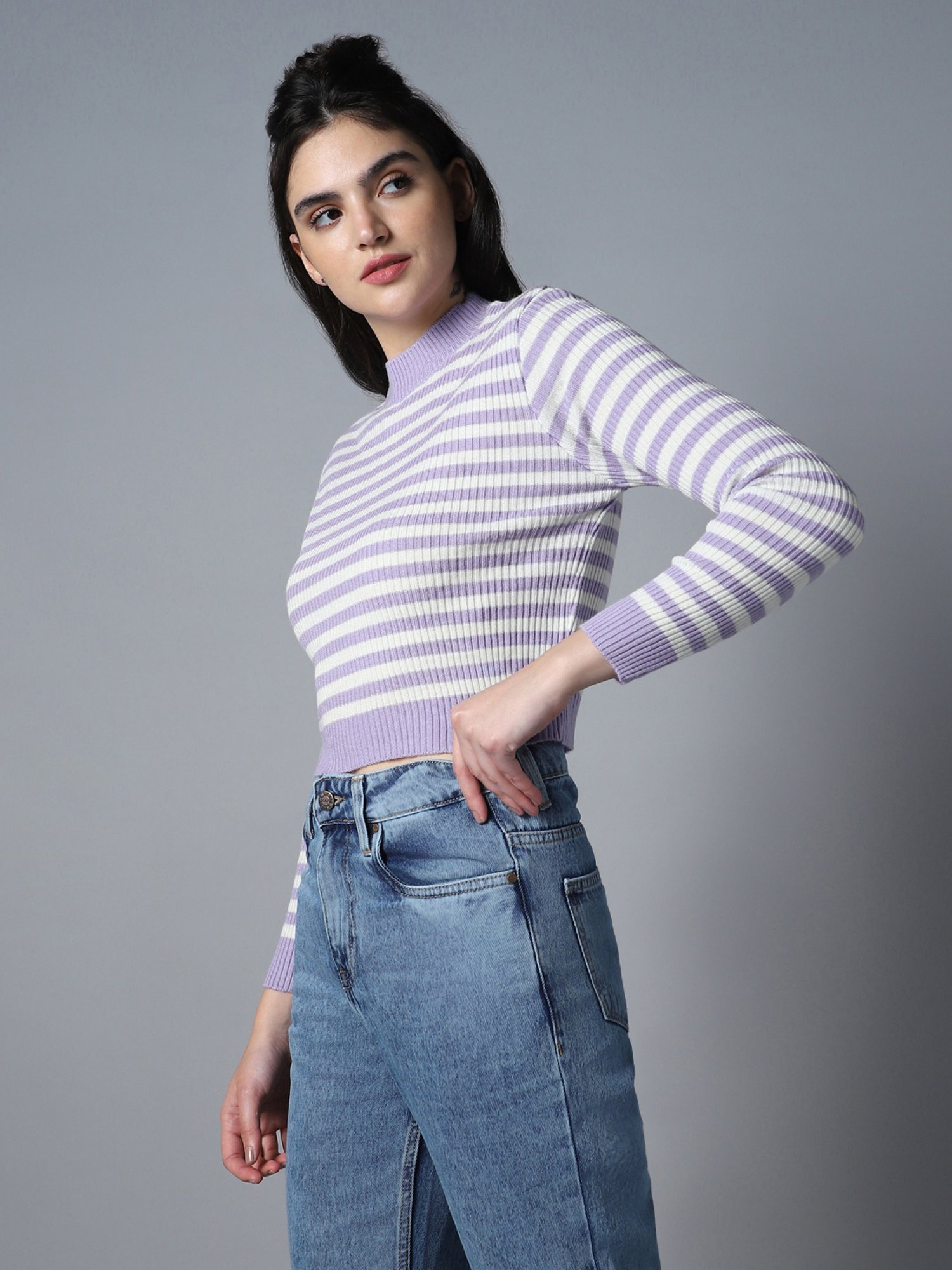 High Star White & Lavender Striped Sweater