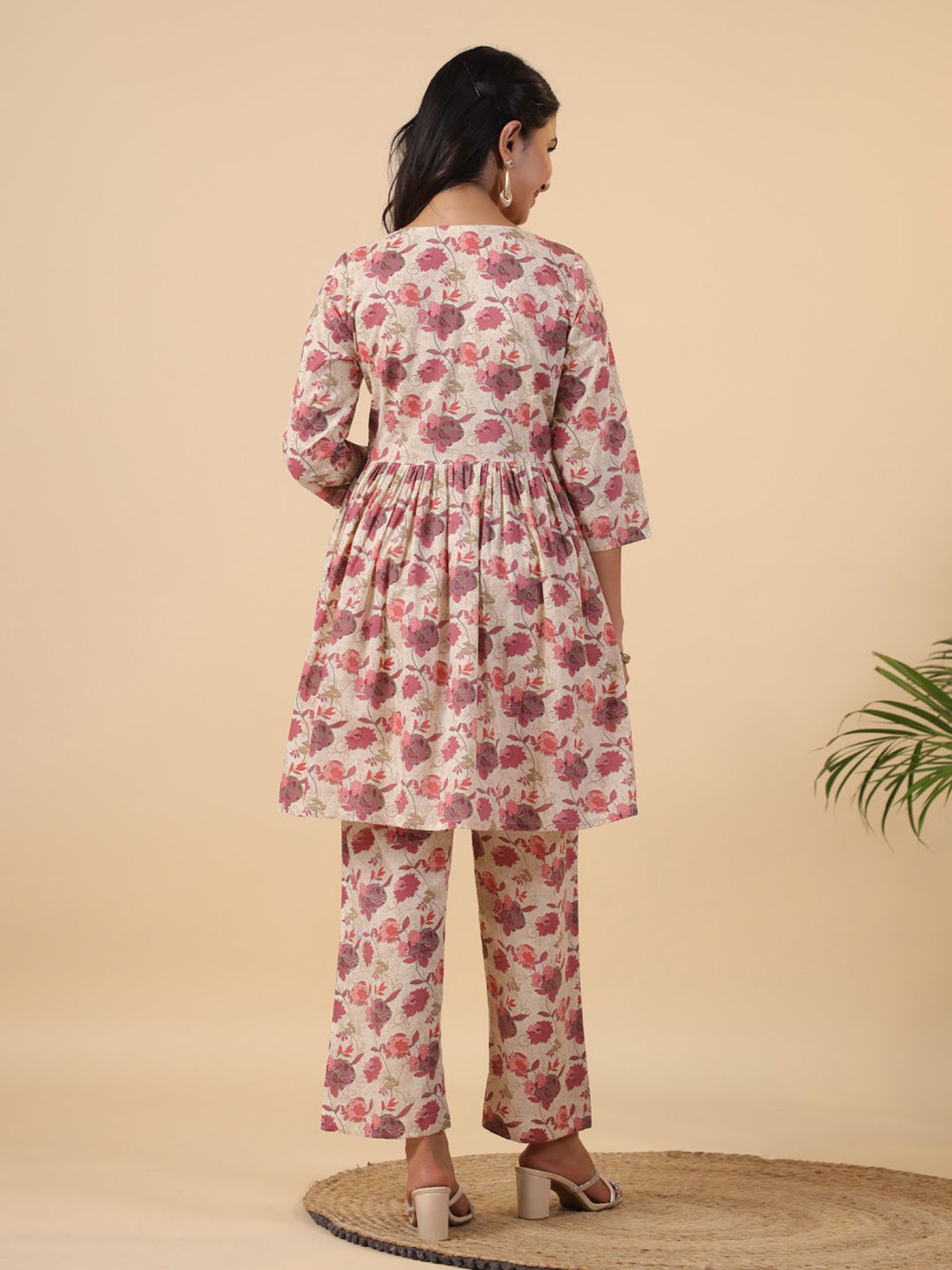 Janasya Beige Cotton Kurta With Pants