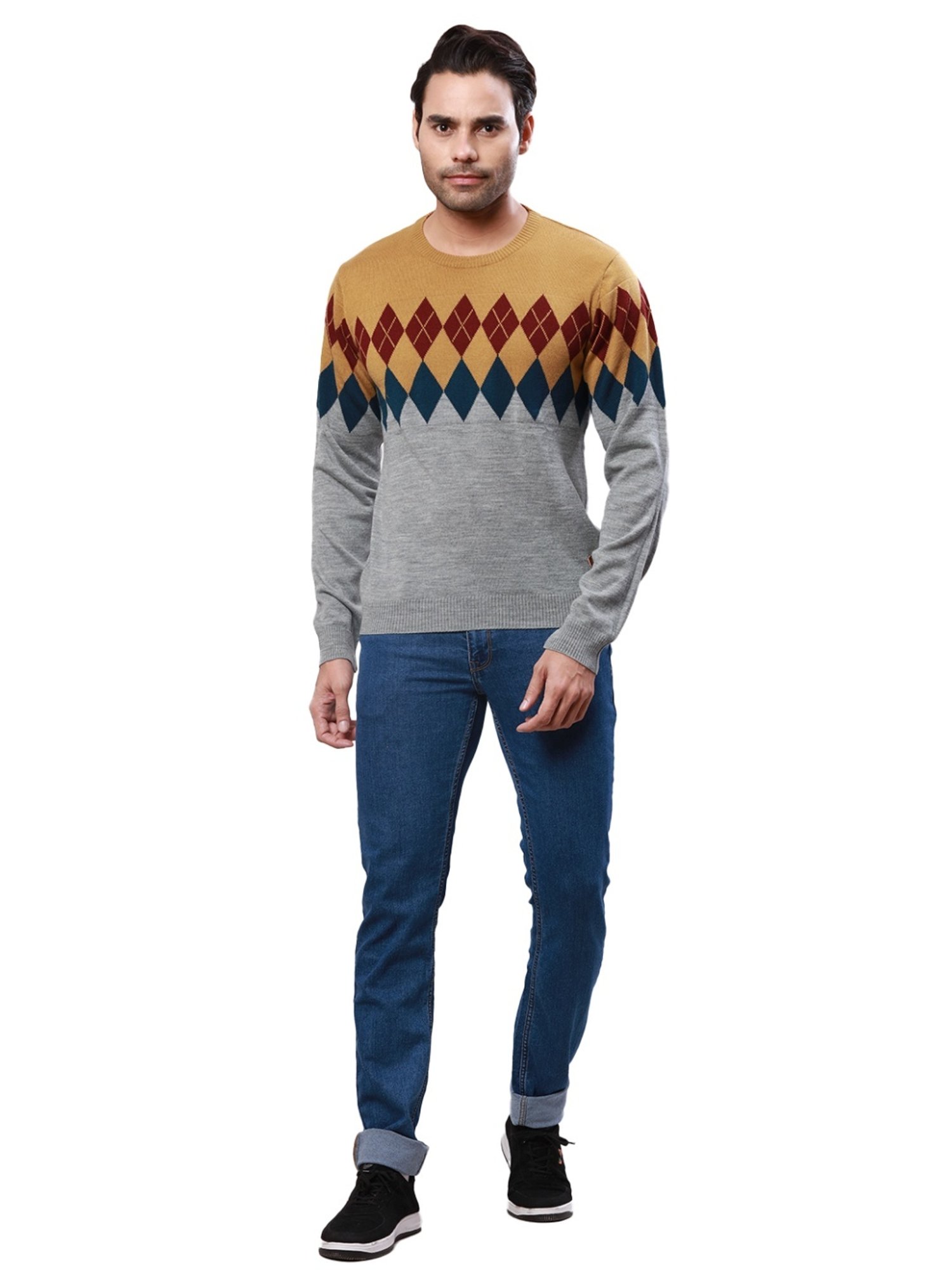 Raymond Grey & Mustard Regular Fit Argyle Sweater