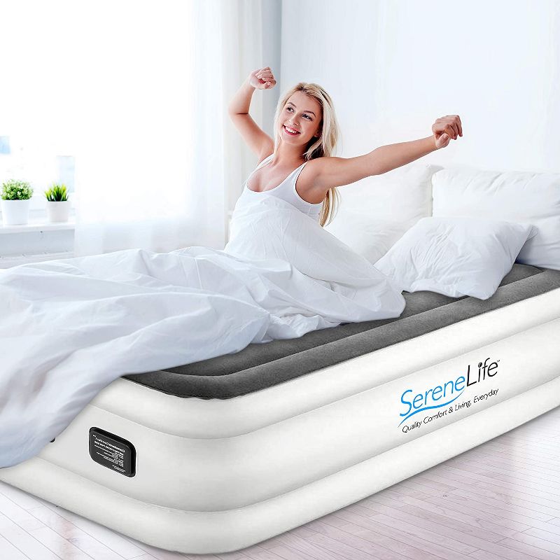 SereneLife Twin Size Inflatable Premium Airbed Flocked PVC Mattress for Travel and Camping with Internal AC Pump, Storage Bag, and 2 Repair Patches