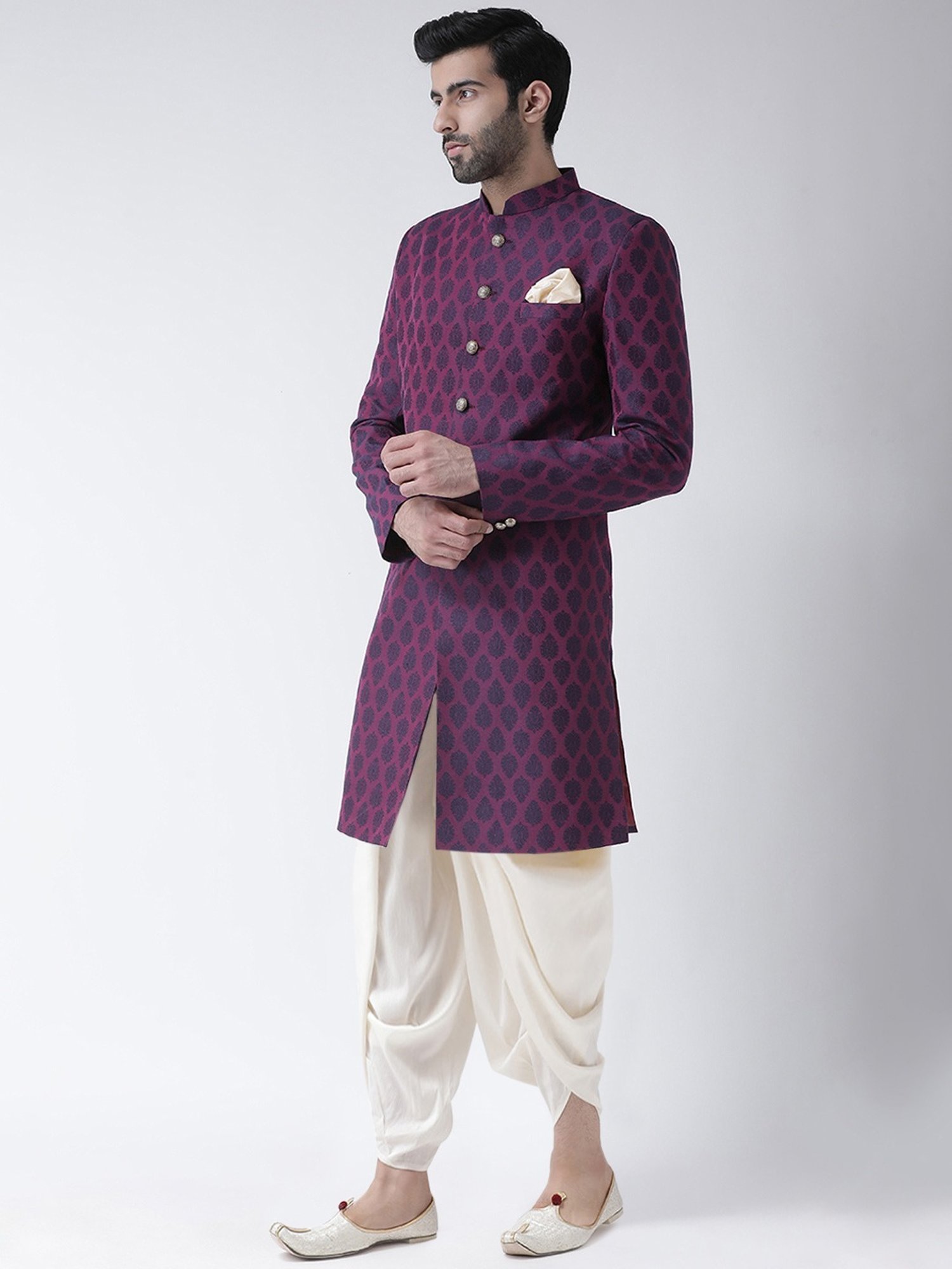 Hangup Plus Beige & Black Regular Fit Printed Sherwani Set