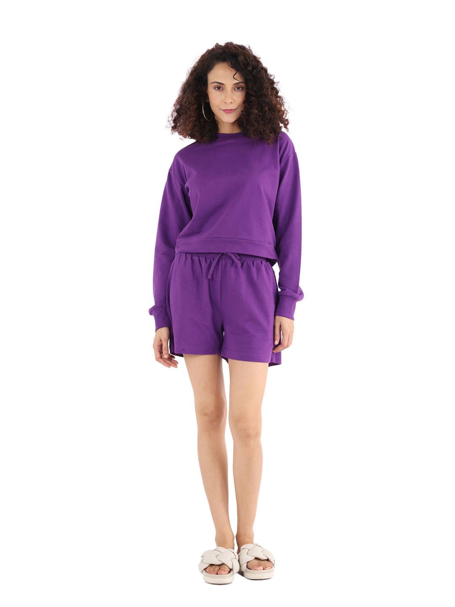 Nite Flite Purple Cotton Crop Sweatshirt With Shorts