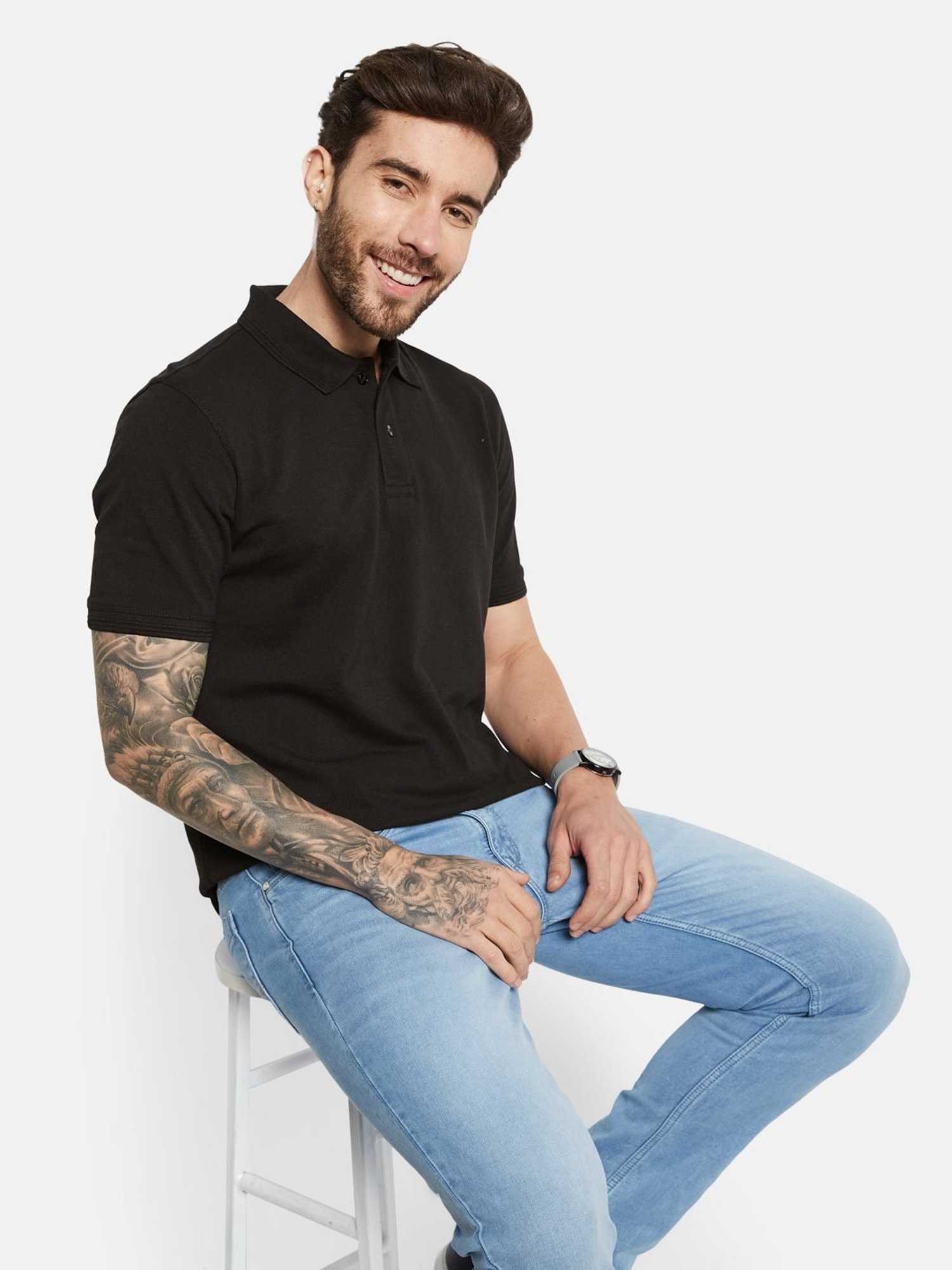 Octave Black Cotton Regular Fit Polo T-Shirt