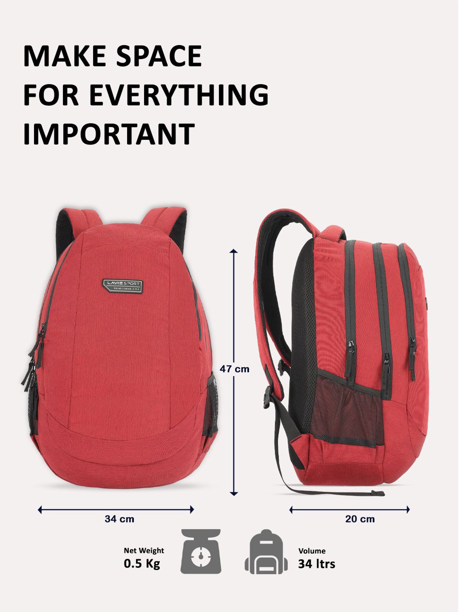 Lavie Sport Peak Red Polyester Solid Laptop Backpack - 34 Ltrs