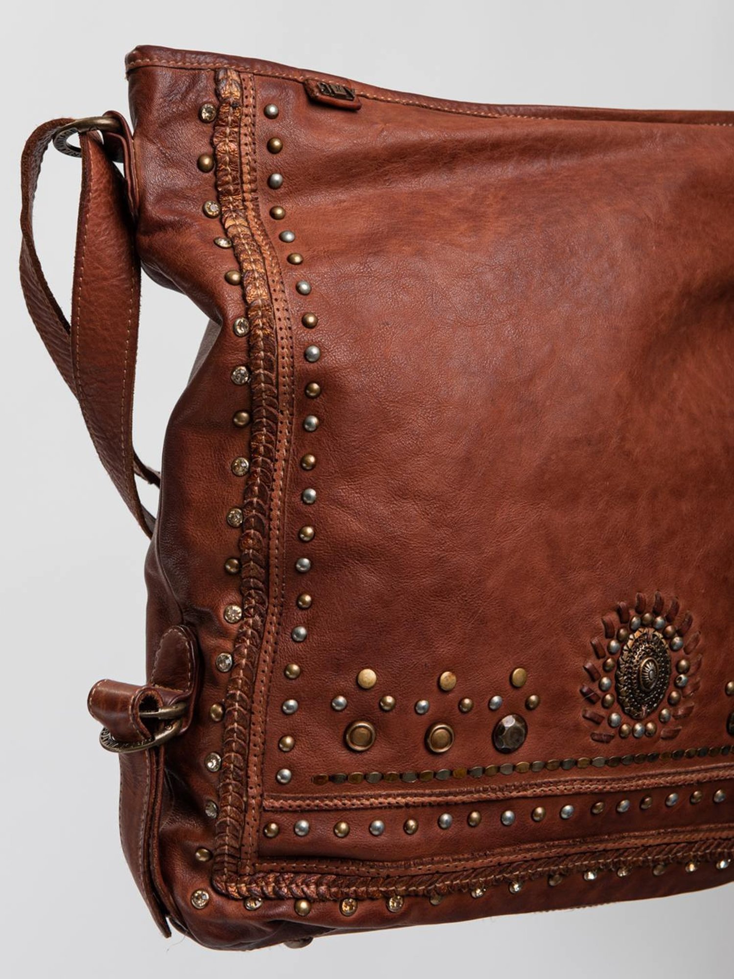 Art N Vintage Savio Cognac Leather Embellished Medium Sling Handbag