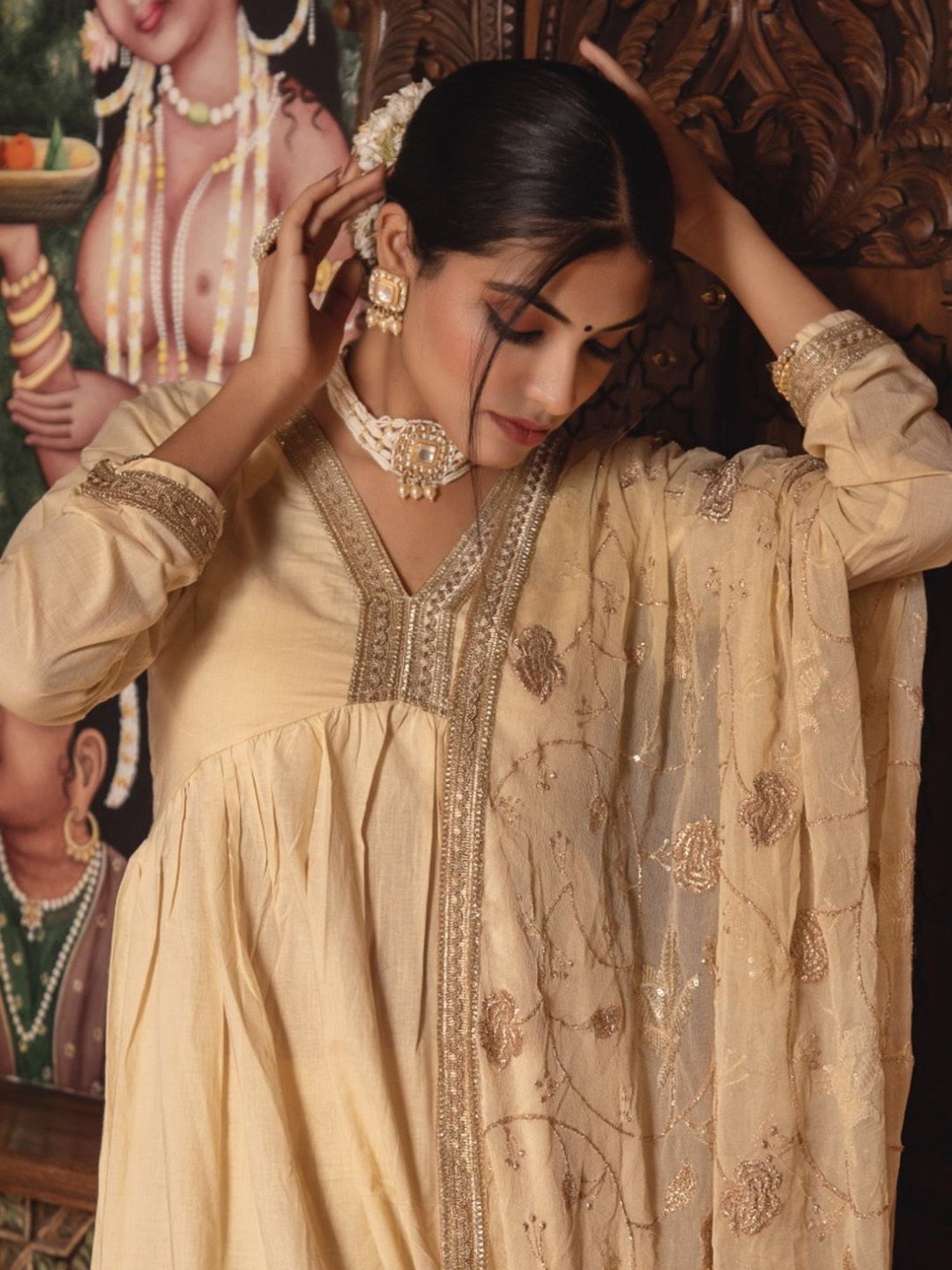 Calmna Saiba Beige Angular Gotapatti Suit Set