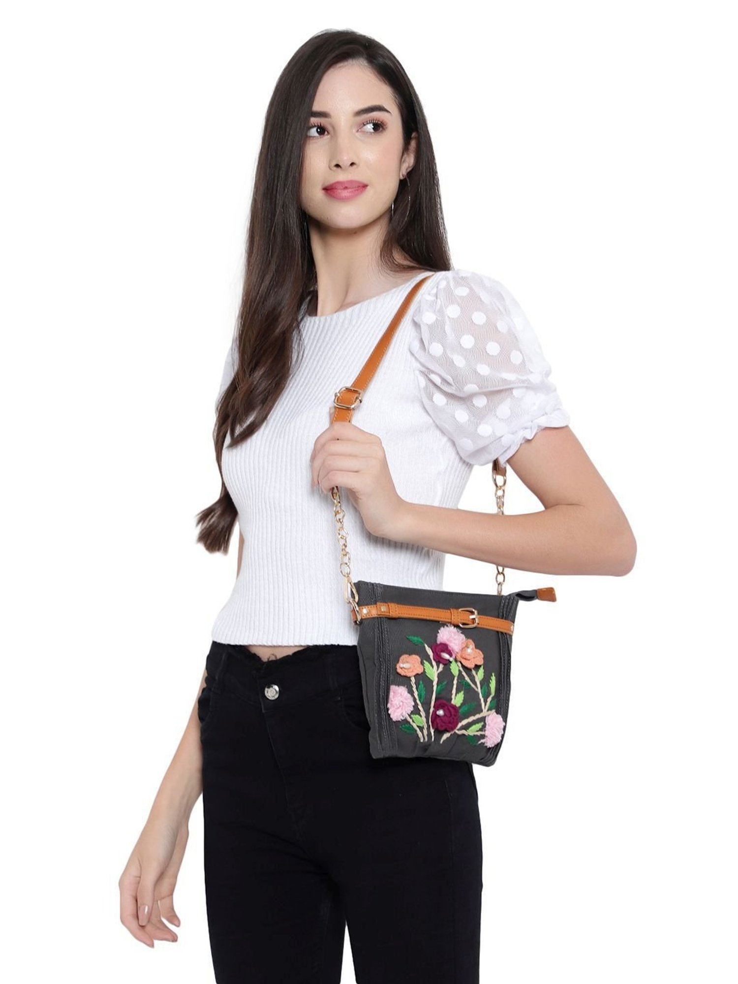 Spice Art Grey Embroidered Medium Sling Handbag