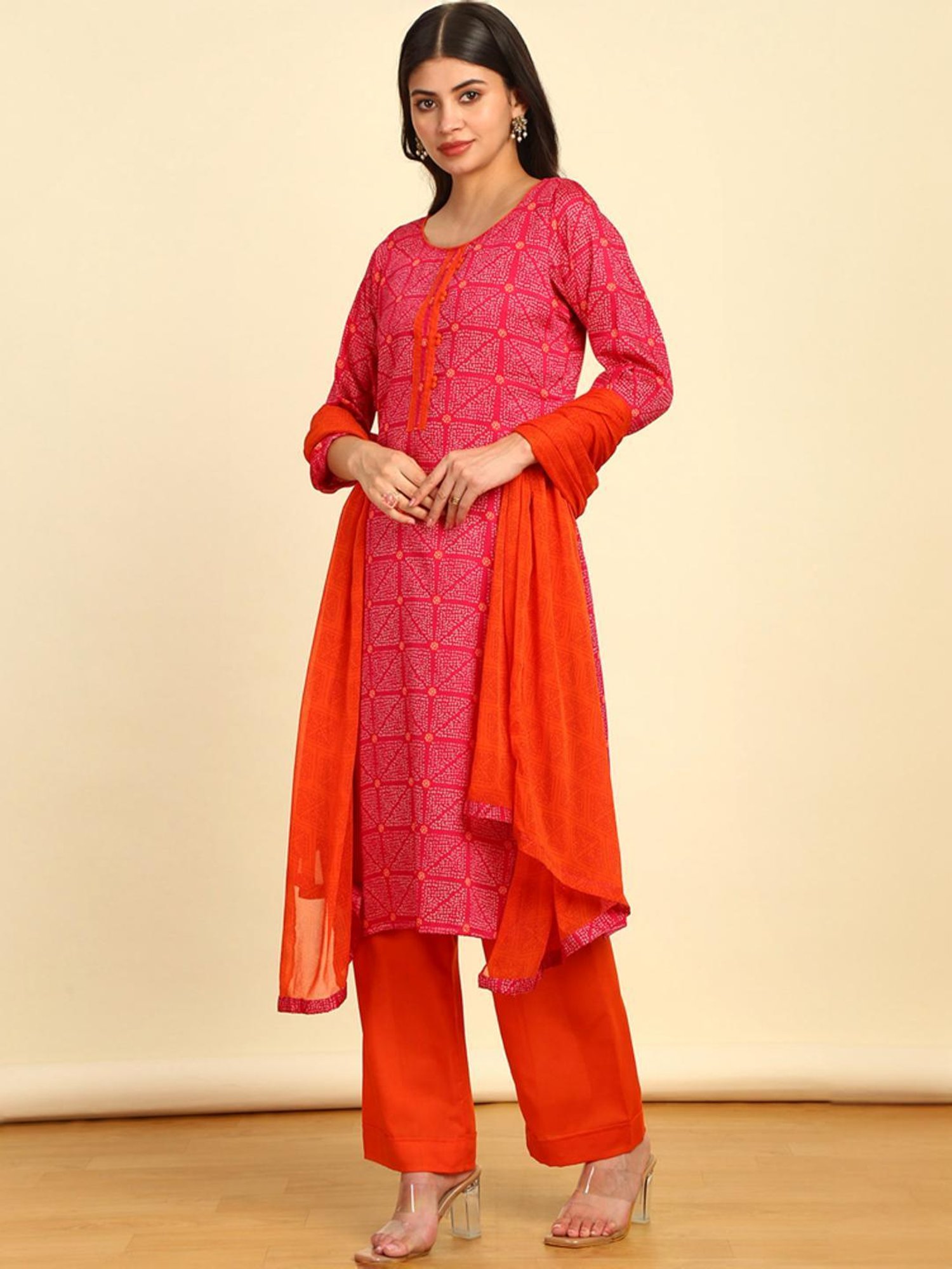 Soch Womens Fuchsia Bandhani Print Cotton Unstitched Dress Material