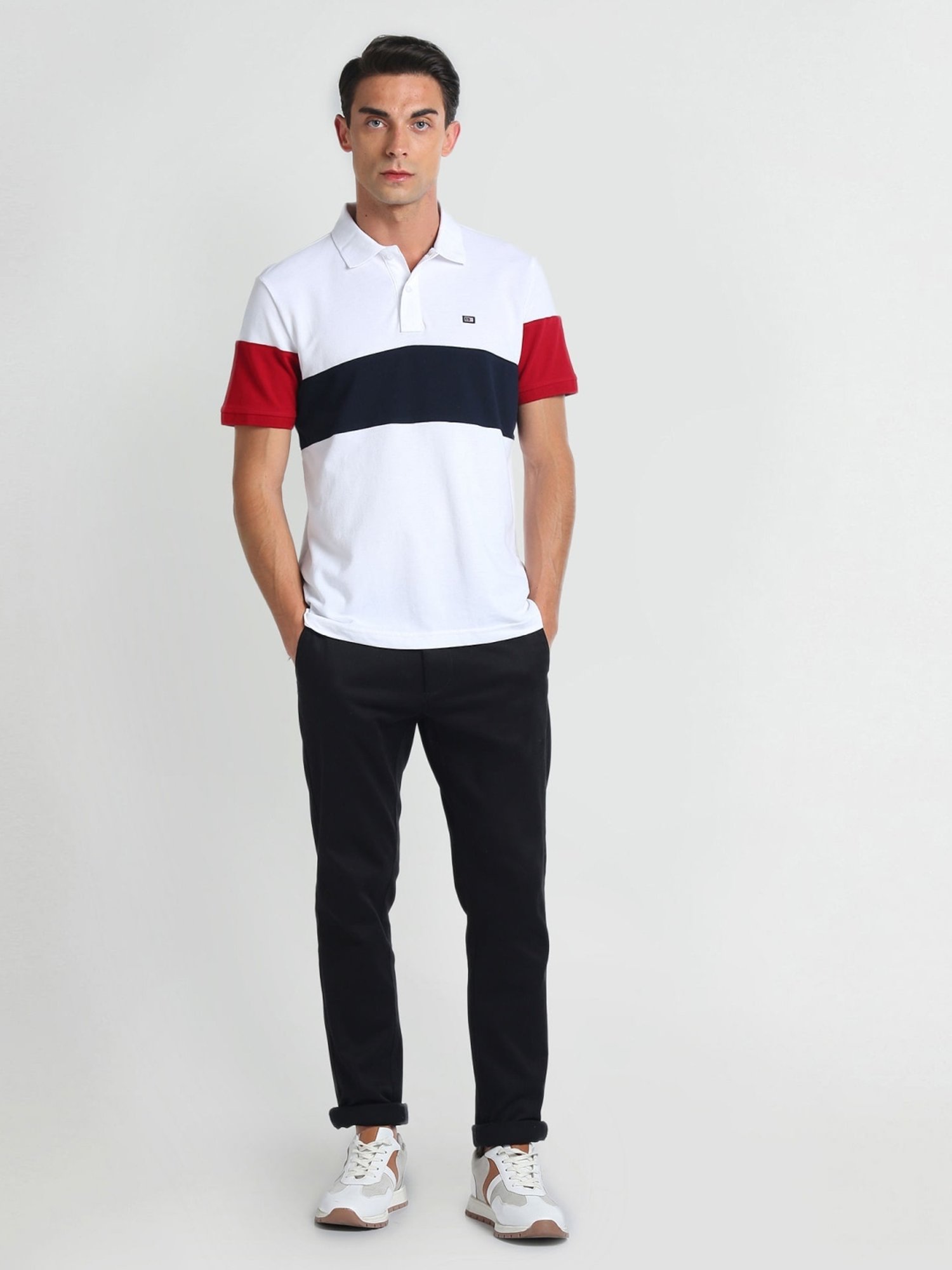 Arrow Sports White Cotton Regular Fit Colour Block Polo T-Shirt
