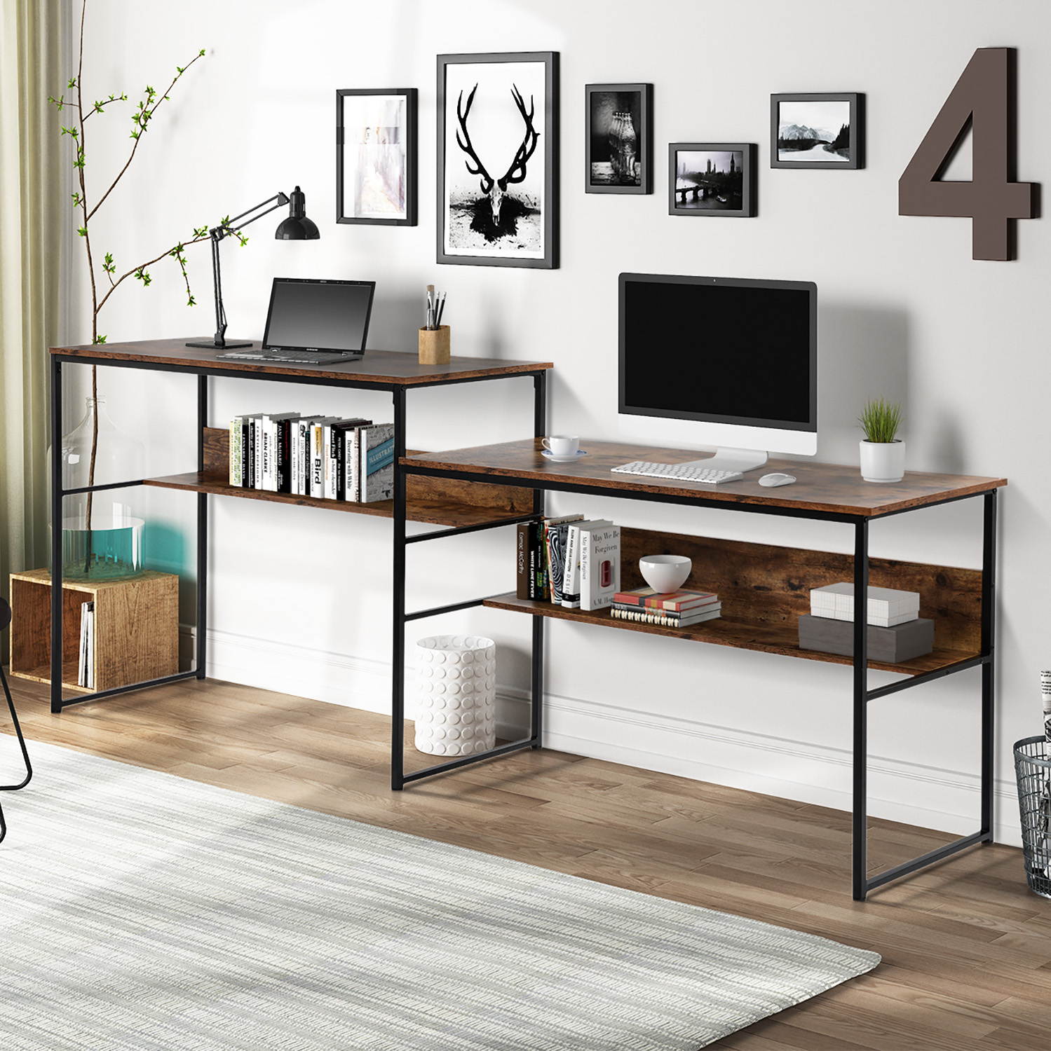 94.4" Home Office Two Person Desk Double Workstation Office Desk Writing Study Desk Extra Large Computer Desk Gaming Desk with Open Storage Shelves Brown