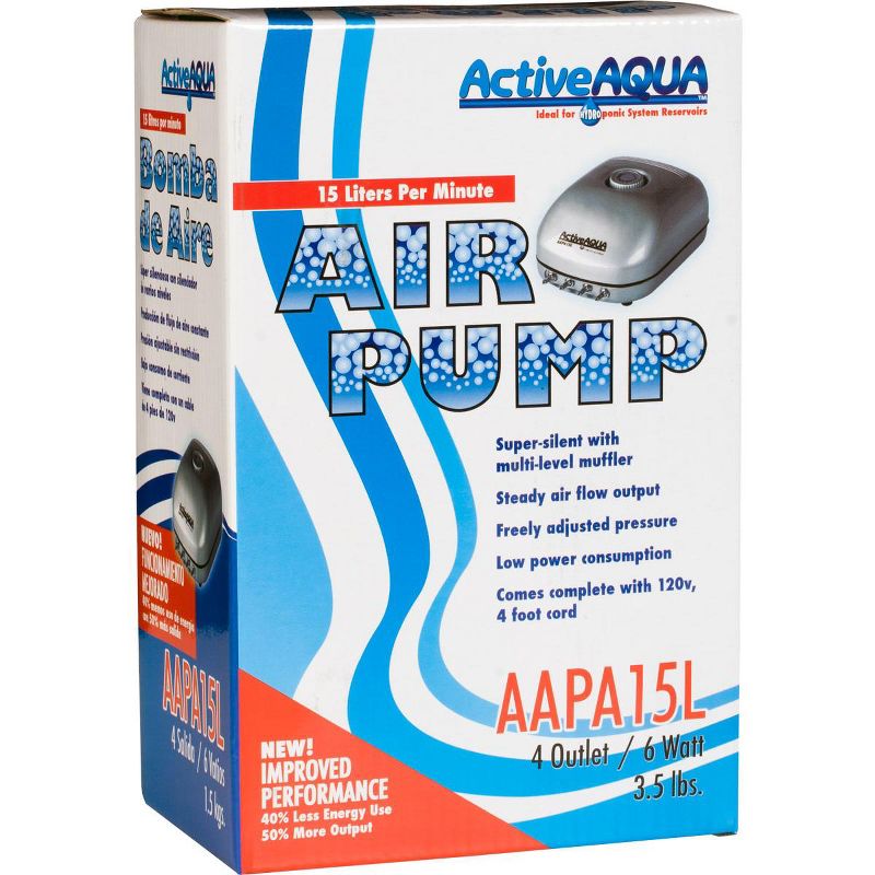 Hydrofarm AAPA15L Active Aqua 6 Watt 240 GPH Adjustable Hydroponic Aquarium Air Pump with 4 Outlets and 4 Foot 120V Cord