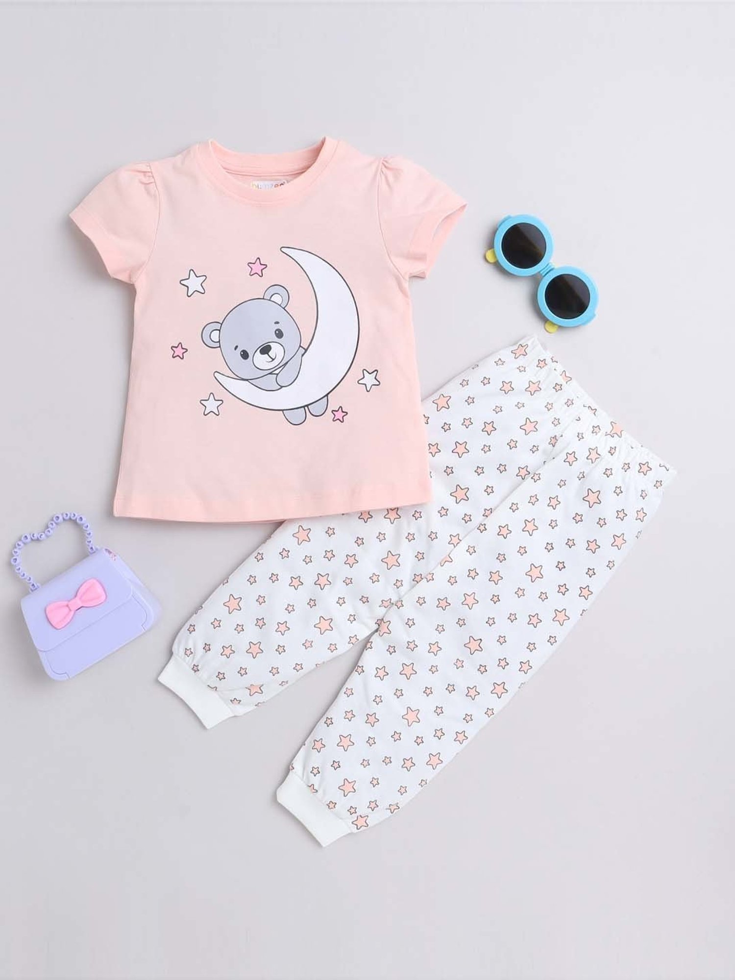 Bumzee Girls Peach & White Cotton Printed T-Shirt Set
