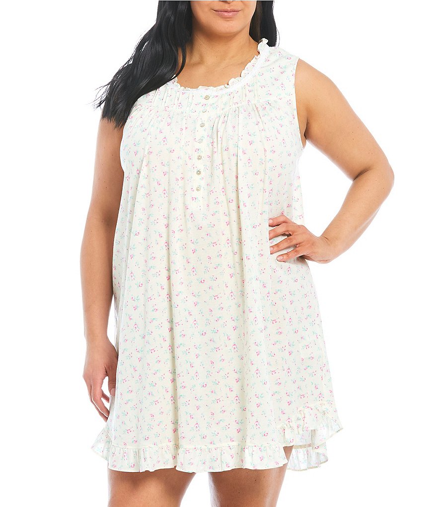 Eileen West Plus Rose Bud Printed Jersey Knit Sleeveless Chemise