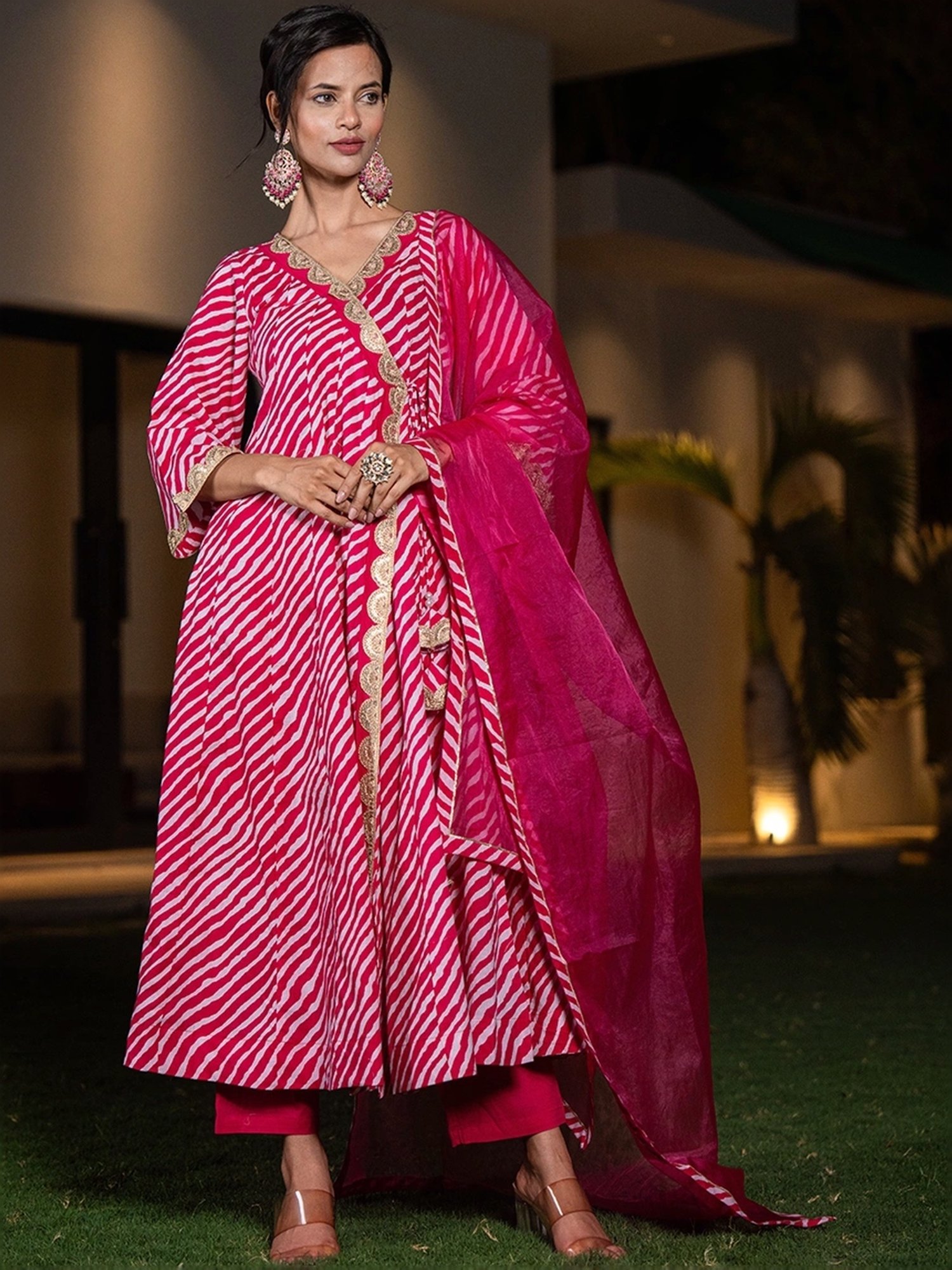 Yufta Hot Pink Cotton Printed Kurta Pant Set With Dupatta