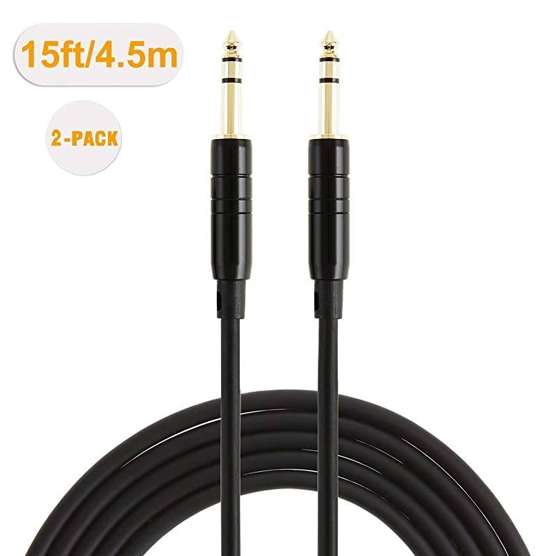 1/4&rsquo;&rsquo; TRS Cable, [2-Pack 15FT] 1/4 Inch to 1/4 Inch 6.35mm Balanced Stereo Audio Cable for Studio Monitors,Mixer,Yamaha Speaker/Receiver,Black