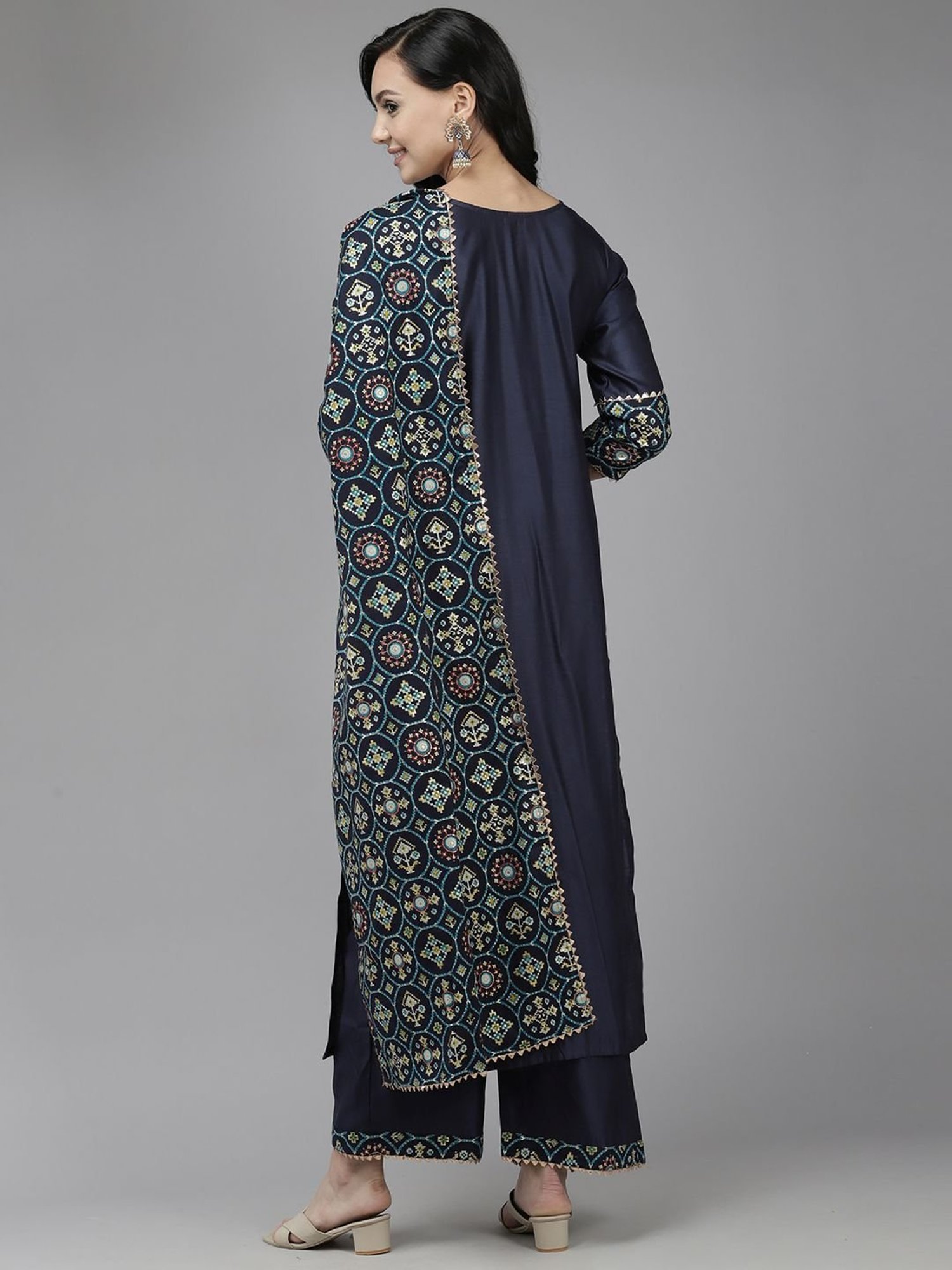 Indo Era Navy Printed Kurta Palazzo Set With Dupatta