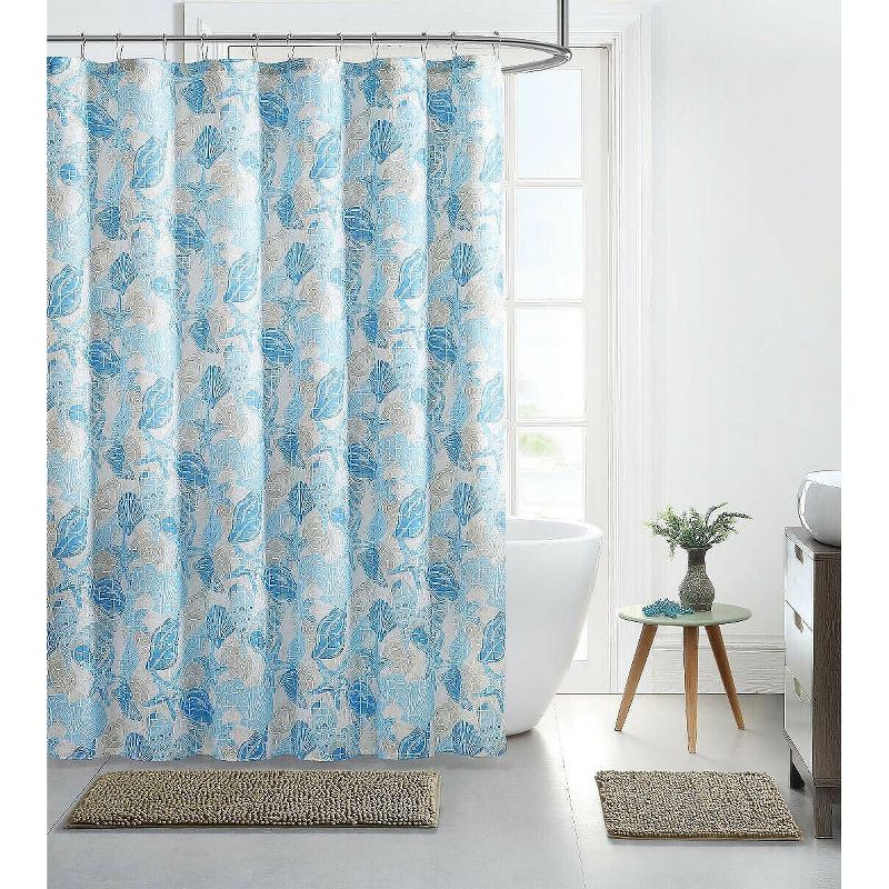 Kate Aurora Hampton Bay Beachside Blue Seashells & Corals Fabric Shower Curtain