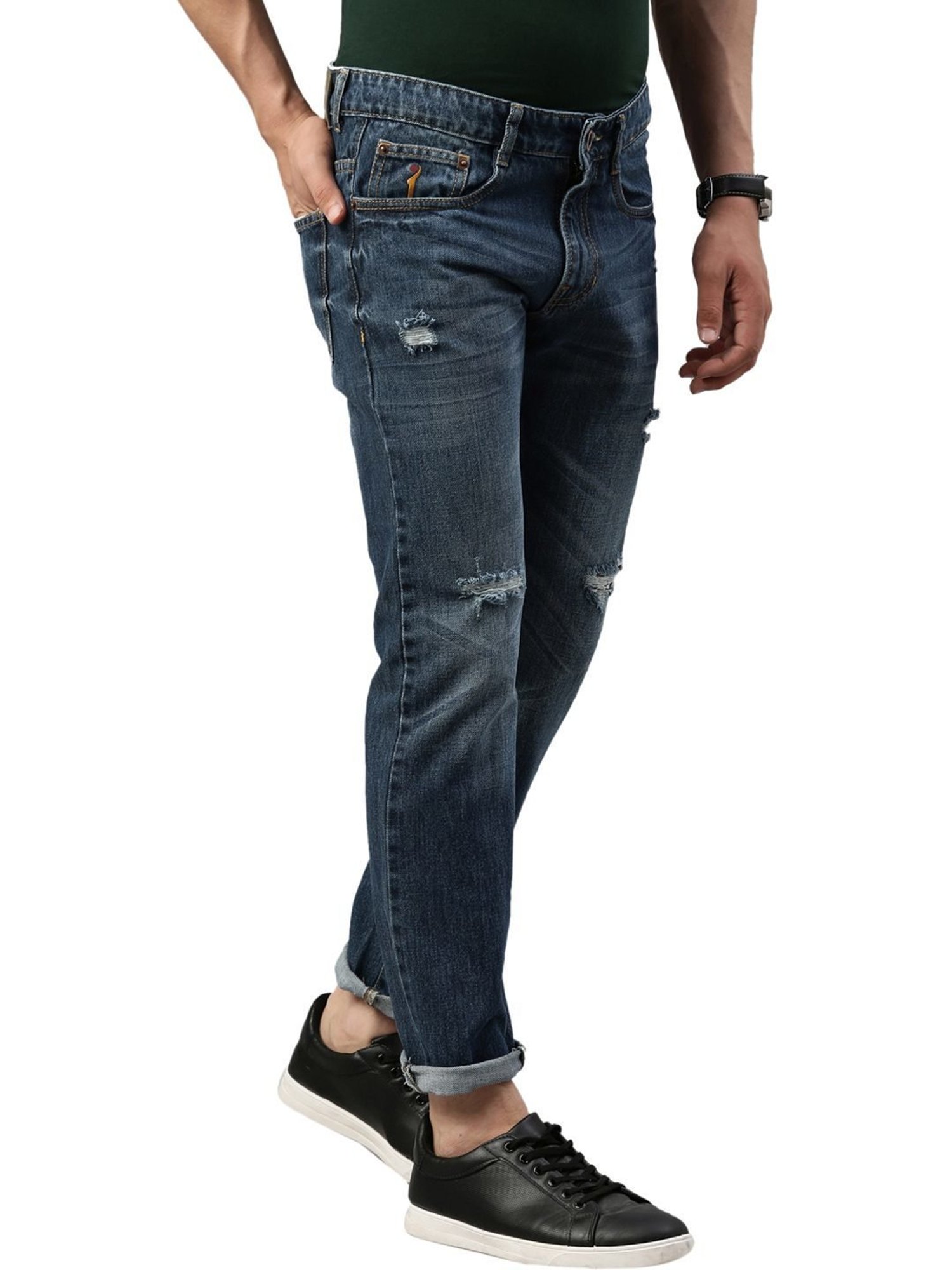 CINOCCI Blue Cotton Slim Fit Distressed Jeans