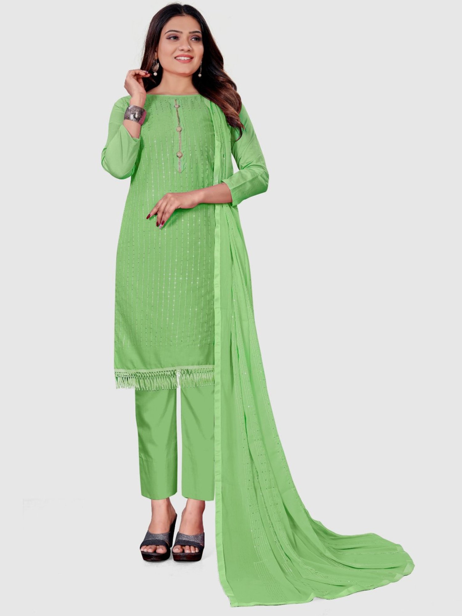 APNISHA Parrot Green Cotton Embroidered Unstitched Dress Material