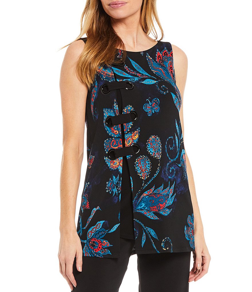 Eva Varro Paisley Floral Print Knit Jersey Side Grommet Boat Neck Sleeveless Tunic