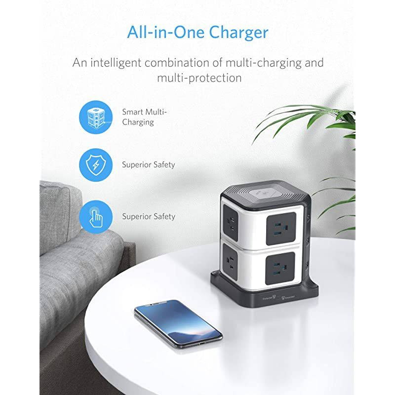 1500 Joules Surge Protector with Wireless Charger 8Outlet Power Strip Tower with 40W 6Port USB Charging Station6 Feet Extension CordETL Listed
