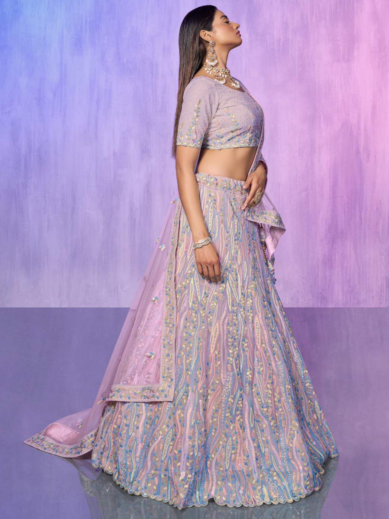 Odette Purple Embroidered Semi Stitched Lehenga Blouse Set With Dupatta