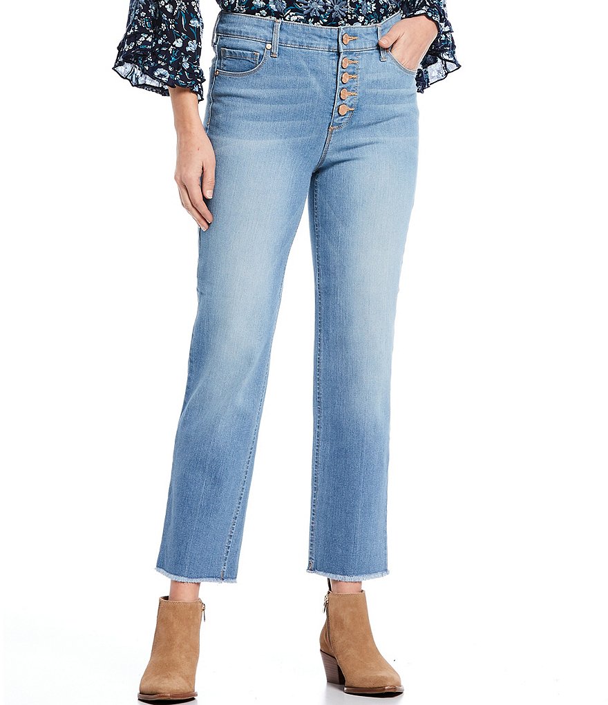 Code Bleu High Rise Straight Leg Exposed Button Fly Fray Hem Ankle Jeans