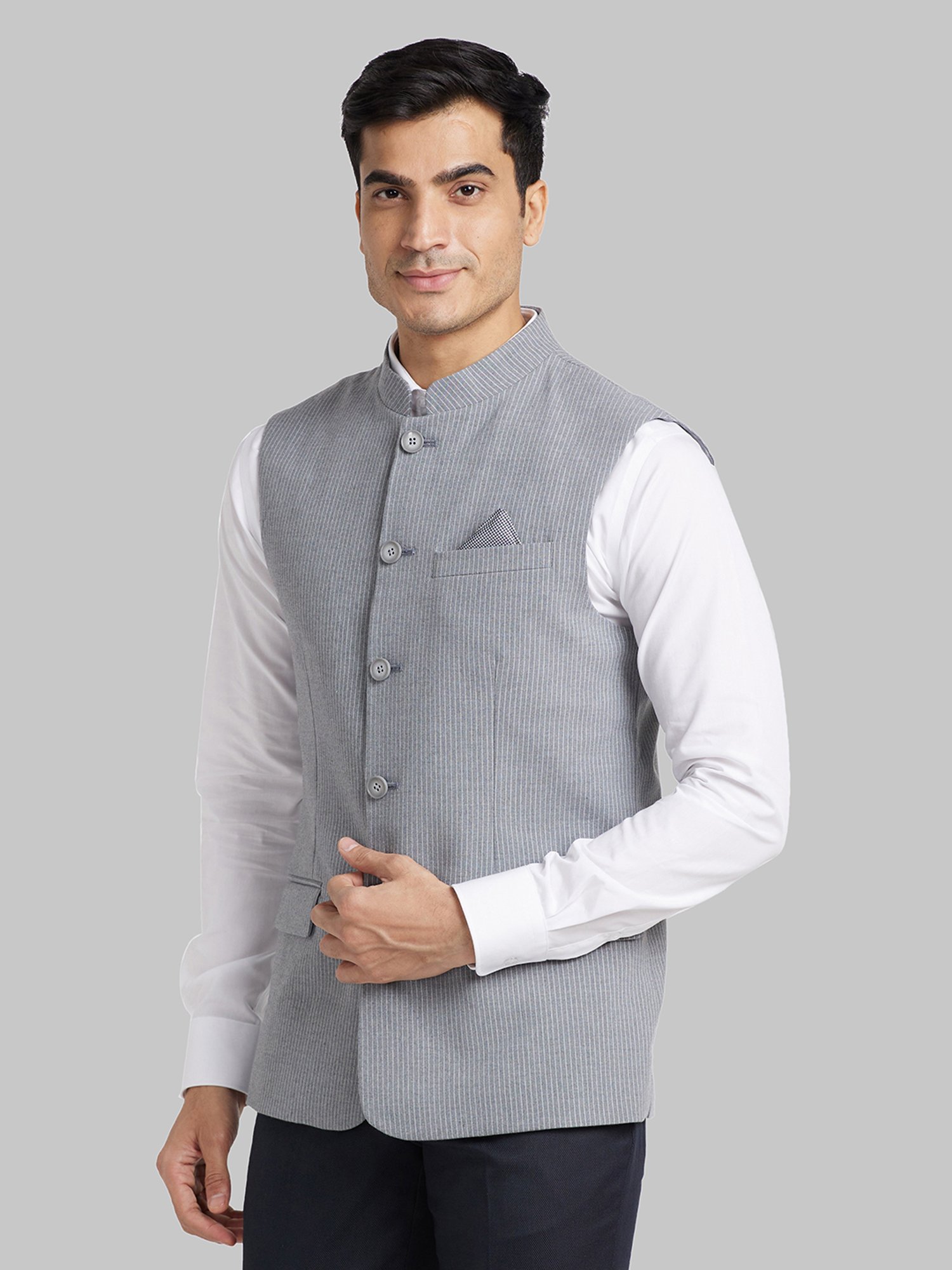Park Avenue Grey Slim Fit Striped Nehru Jacket