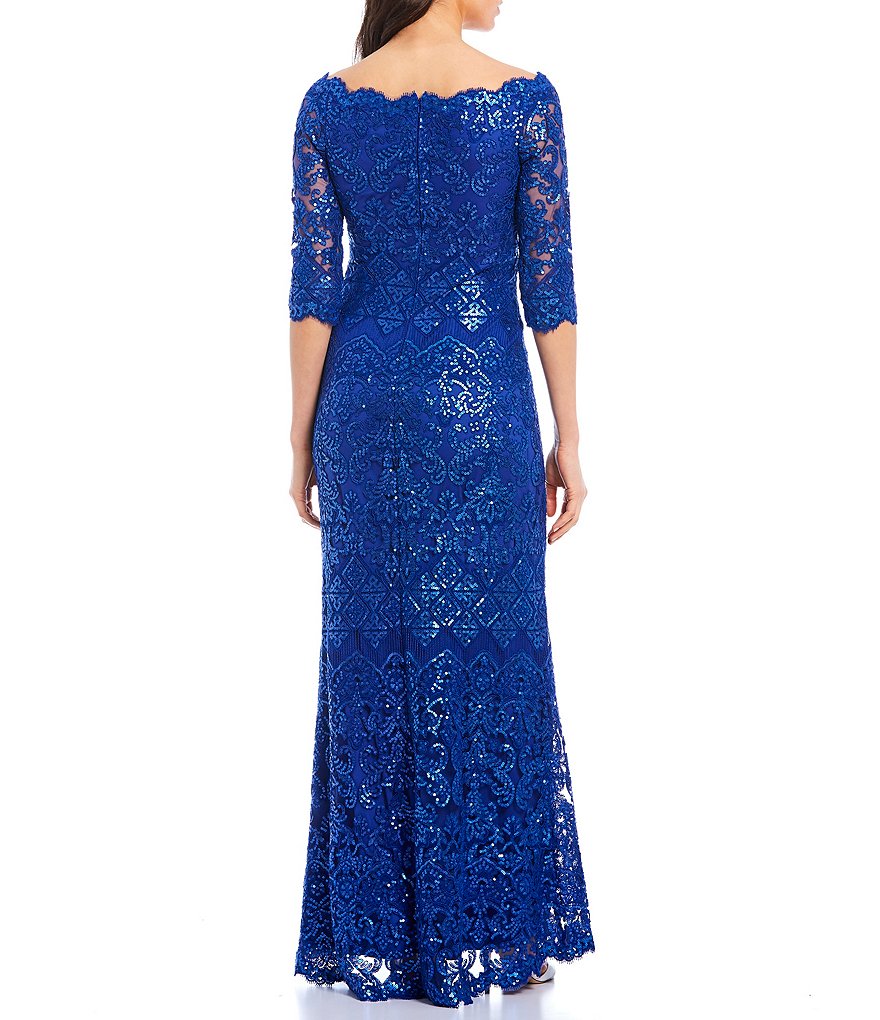 Tadashi Shoji Scalloped Boat Neck Short Sleeve Sequin Lace Gown