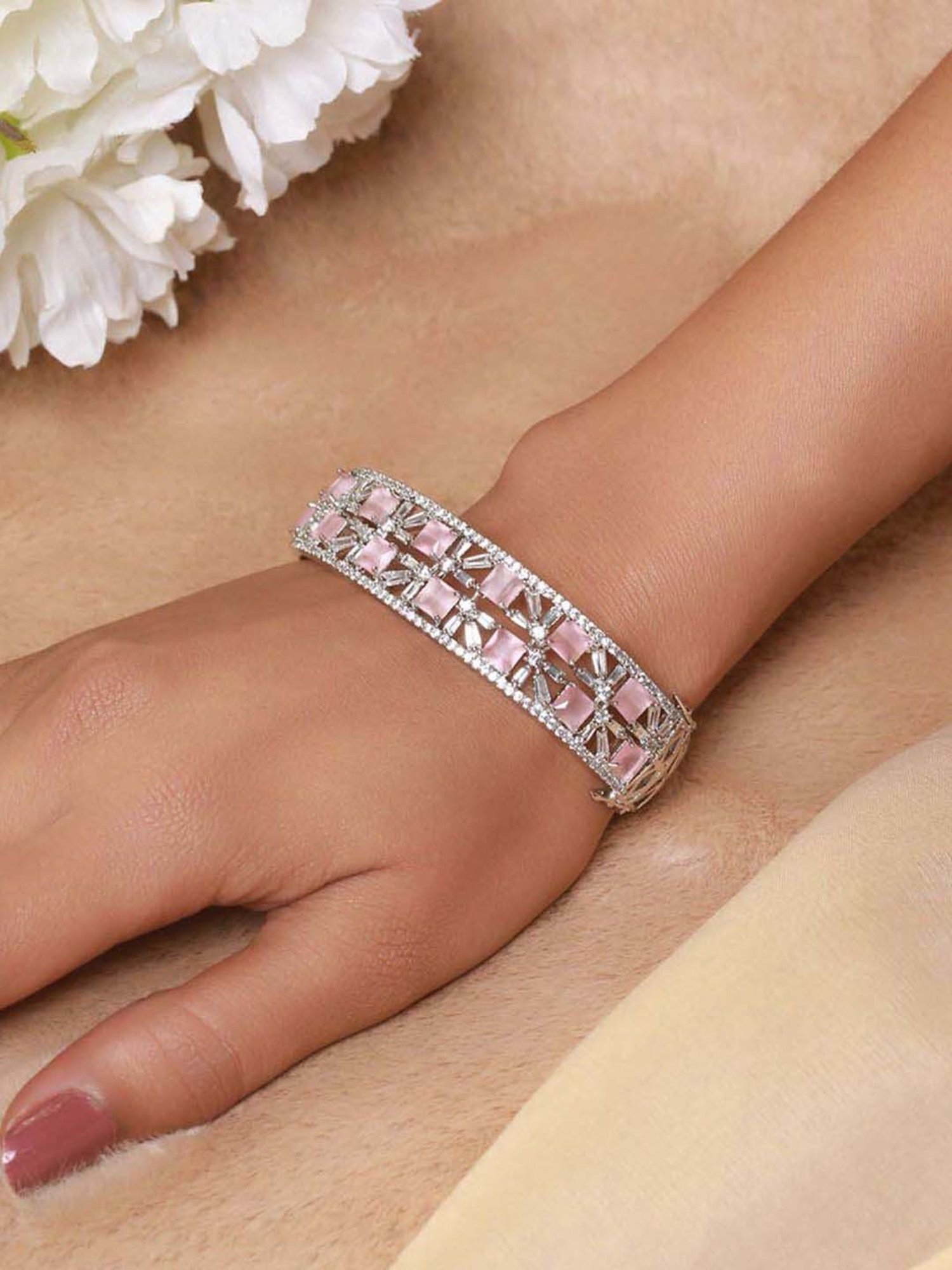 Jazz & Sizzle Silver-Plated Pink AD Studded Handcrafted Bangle Style Bracelet for Women