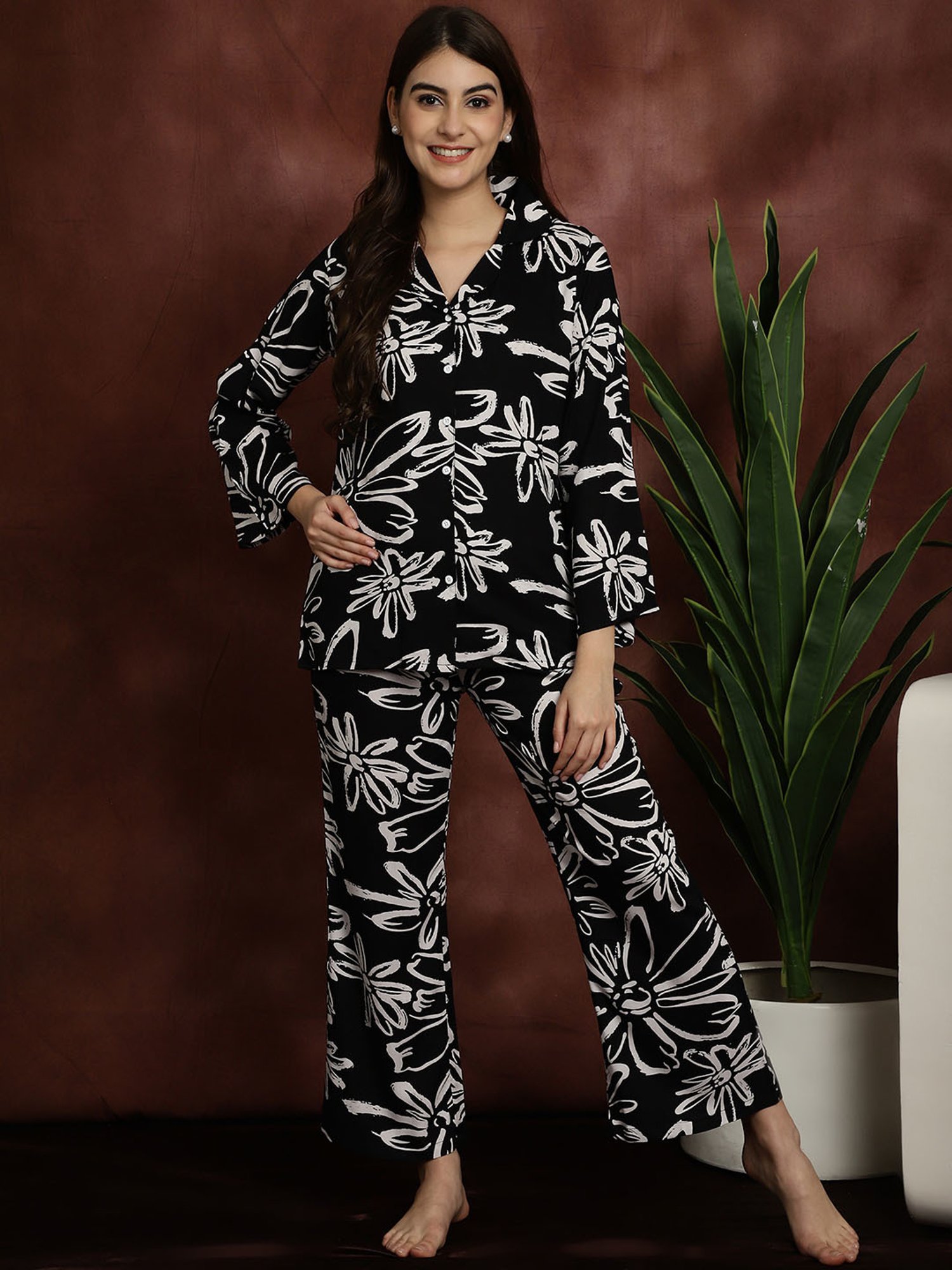 Boston Club Black Printed Top With Pyjamas