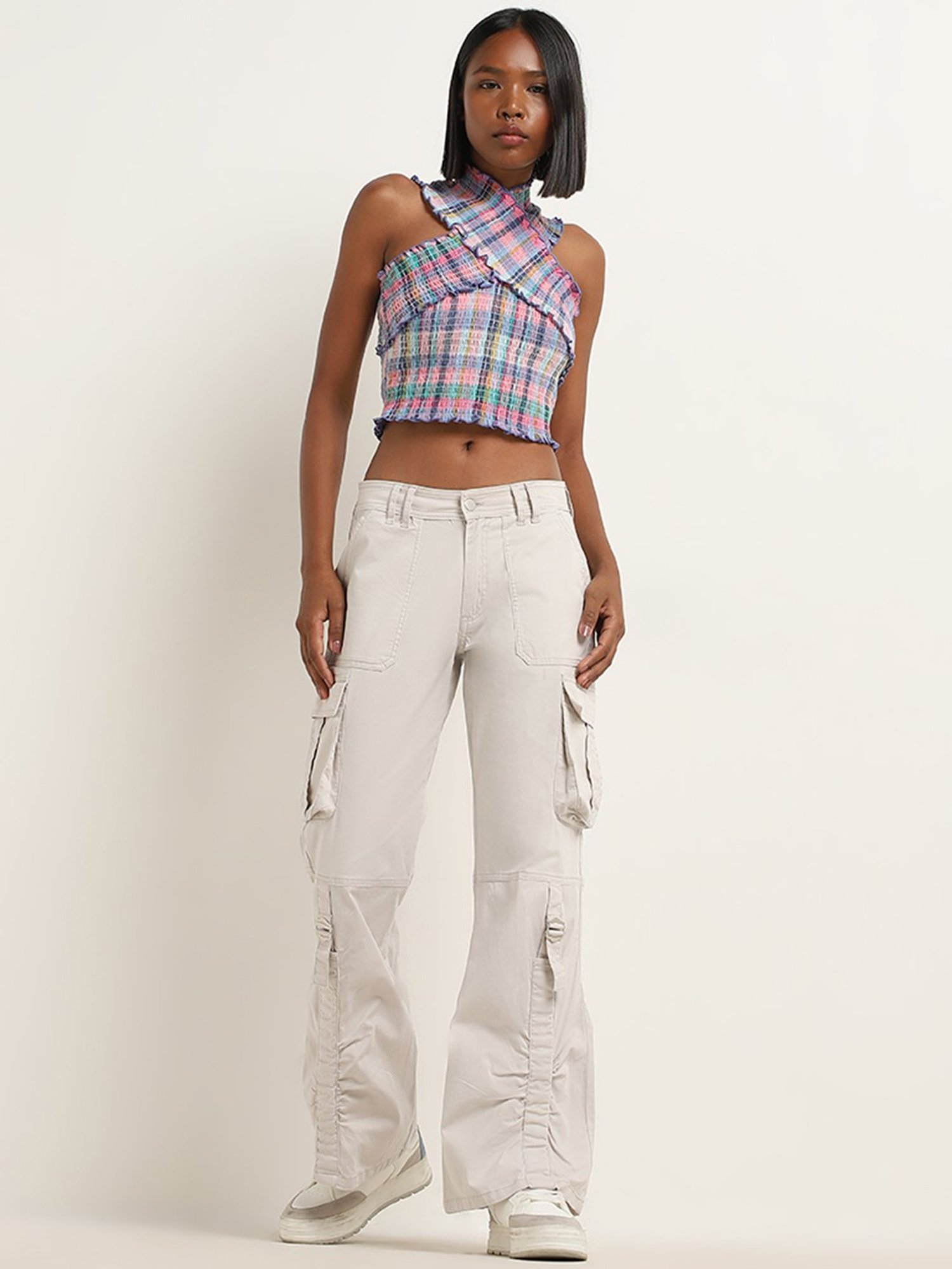 Nuon by Westside Multicolour Checks Design Criss-Cross Cotton Crop Top
