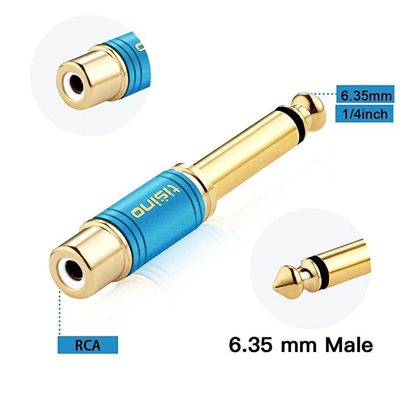 RCA to 1/4 Adapter, Gold Plated Pure Copper RCA Female to Quarter Inch Jack TS Mono Adapter Audio Connector - Multicolor 2 Pack