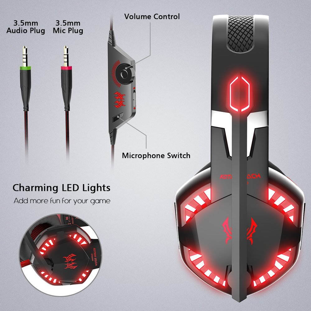 VersionTech G2000 Gaming Headset for PC Computer, Comfortable Over Ear Headphones with Microphone, Led Lights & In-Line Volume Control (Not compatible with PS3/PS4/Xbox One/Xbox 360)- Red